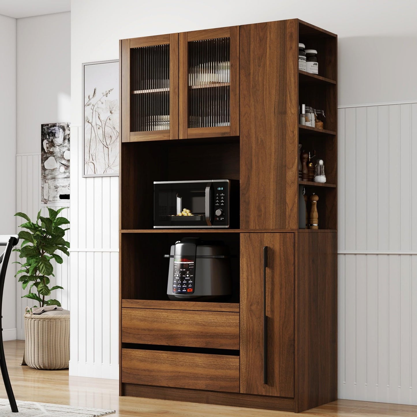 KEIKI 70.87" Tall Kitchen Pantry Storage Cabinet with Pull-Out Shelf, Side Shelves, 2 Drawers, Glass Doors & Microwave Stand, Freestanding Wood Hutch Food Pantries Cupboard for Dining Room