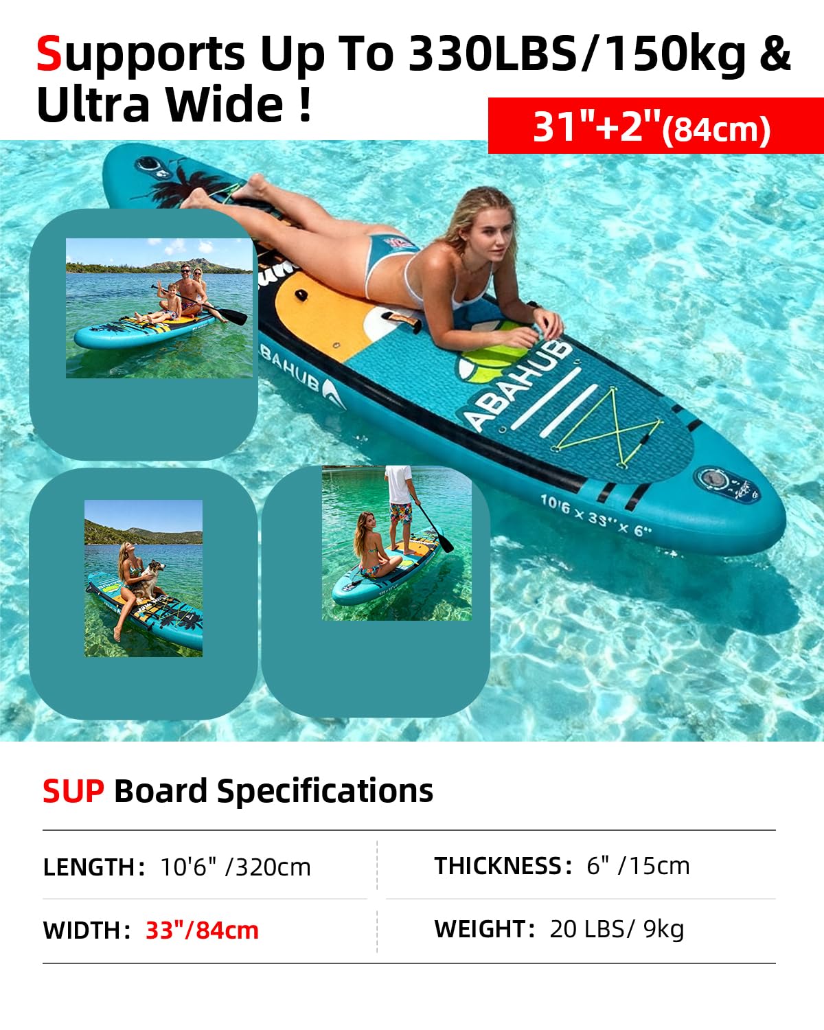 Abahub Inflatable SUP, Wide 10'6" x 31"/34" iSUP,Dark Green Standup Paddleboard with Adjustable SUP Kayak Paddle, for Yoga, Paddle Board, Kayaking, Surf, Canoe, Fishing