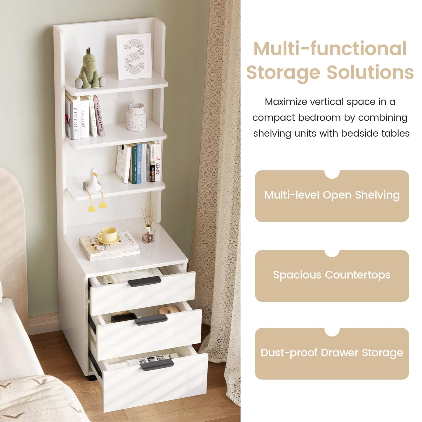 QEZEOM Tall Nightstand with Drawers & Open Shelves, 51.18" Bedside Storage Cabinet, Modern Free-Standing Bedroom End Table with Bookcase, Space-Saving, Easy Assembly, White