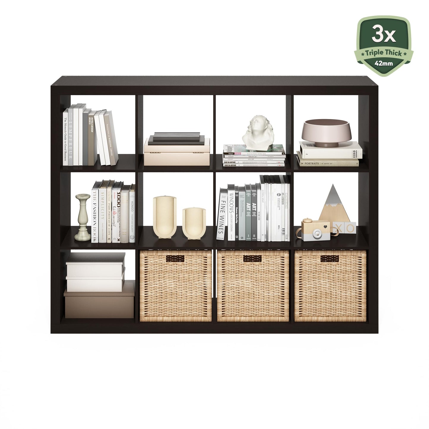 Furinno Cubicle Book Shelf, 12-Cube Bookshelf, Triple Thick Frame Cube Storage Organizer Bookcase, 1.65" Thick, 15.3 x 57.4 x 43.3, for Living Room, Bedroom, Home Office, Black Dark Oak