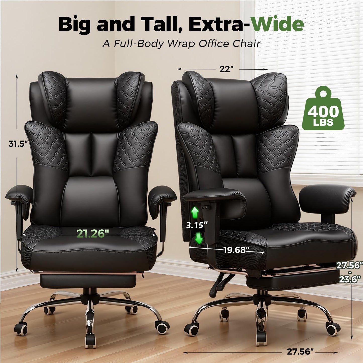 GTPLAYER Big and Tall Office Chair Wide Ergonomic Gaming Chair with Deluxe Embossing Designed Leather with Foot Rest,150°Reclining Adjustable Soft Armrests Pocket Spring Back Support and Pillow