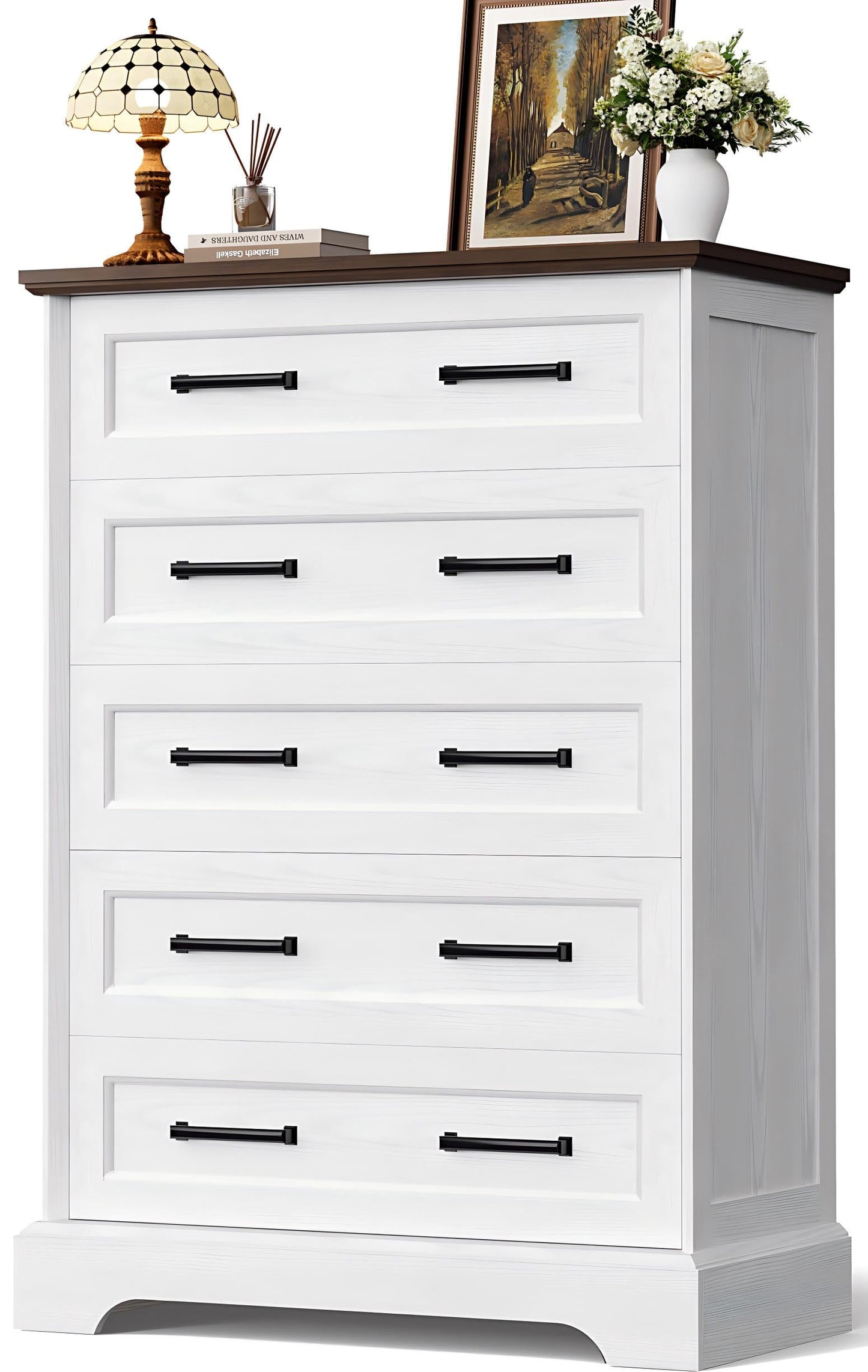 YESHOMY Tall Dresser for Bedroom,Farmhouse 5 Drawers Dresser, Chest of Drawer Chest, Multi-Tier Clothing Storage Cabinet, White and Brown