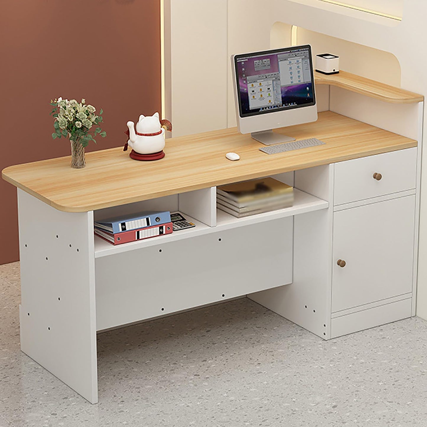 Modern Reception Counter Desk for Front Desk, Lobby & Salon - Retail Counter with Display Shelf & Drawers