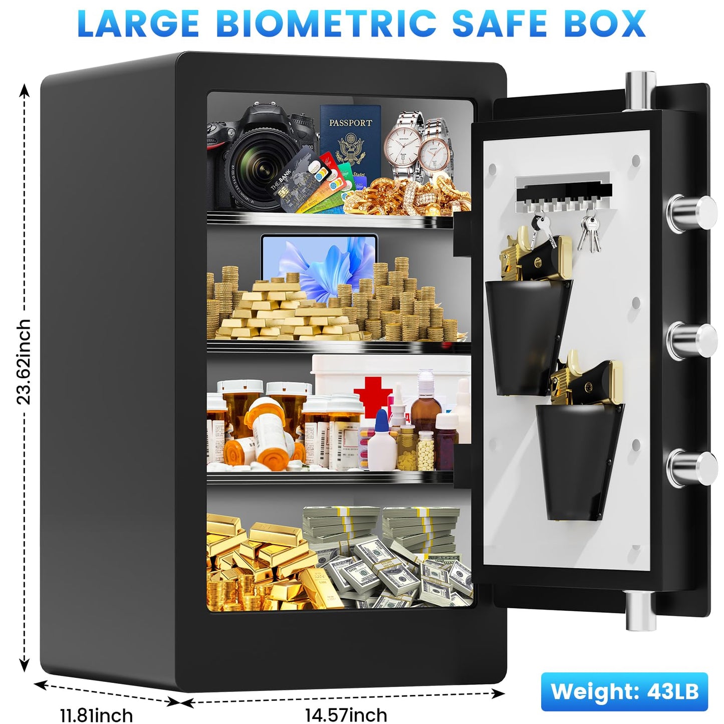 𝟐𝟑.𝟔𝟐" 𝐓𝐚𝐥𝐥 Large Biometric Safe Box, Home Safes Water Fireproof, Duty Document Safe with Bottom Hidden Compartment, Anti-Theft Dual Alerts, Mute Mode, Digital Security for Home and Business