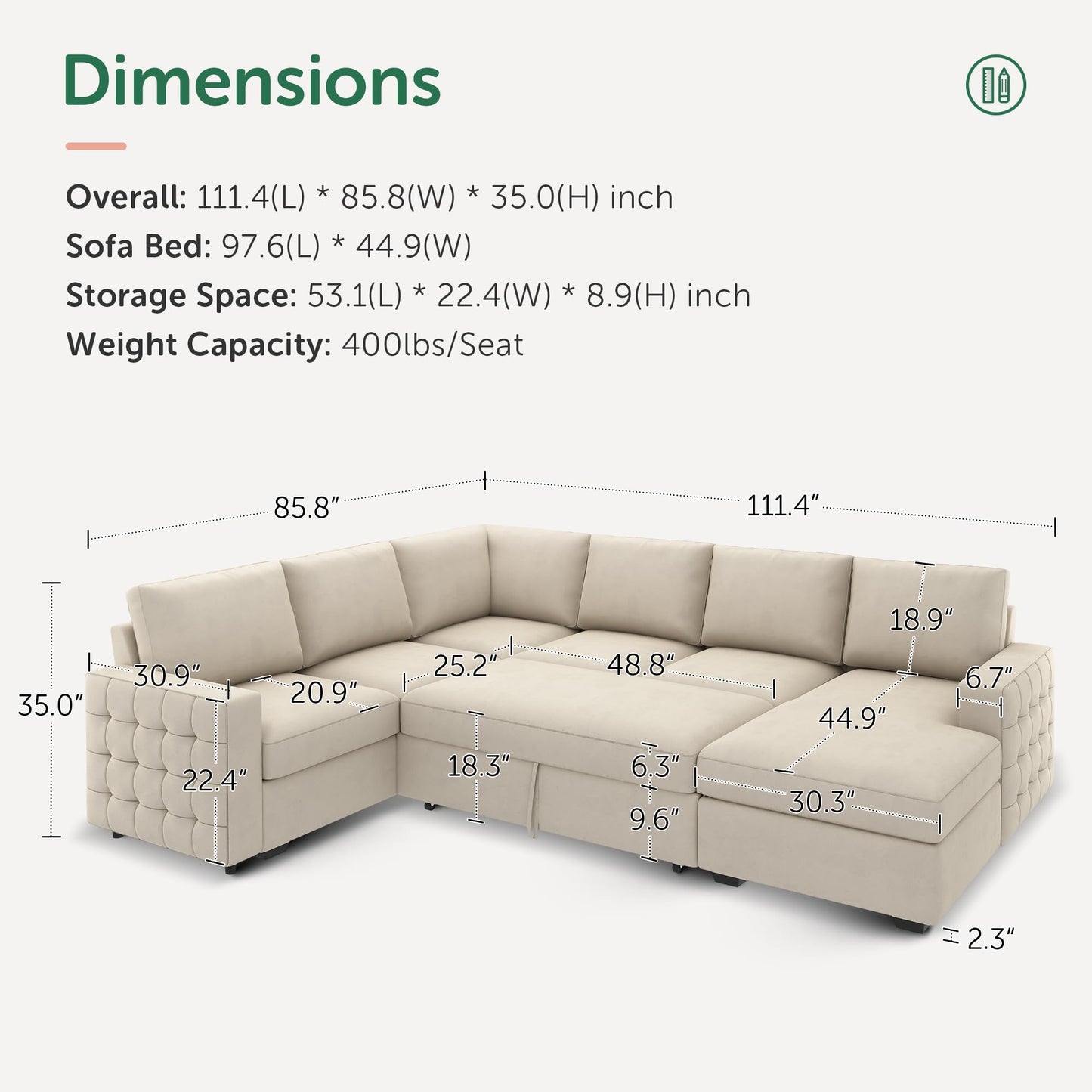 HONBAY Sectional Sleeper Sofa with Pull-Out Bed Storage Chaise, 6 Seaters Couch for Living Room, Beige
