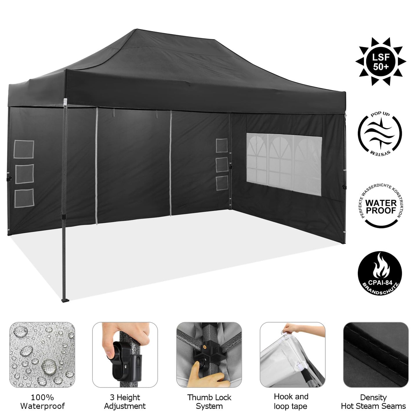 COBIZI 10x15 Pop up Canopy Tent 10x15 Canopy with 4 Sidewalls Waterproof Heavy Duty Commercial for Parties Outdoor Garden Gazebo Tent, Carry Bag(10x15ft, Black)