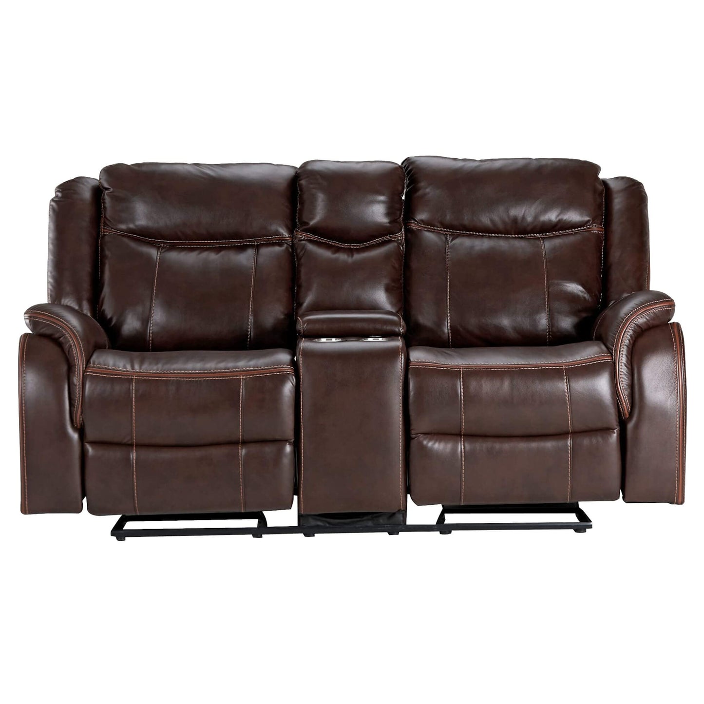 Sunset Trading Avant 76" Wide Dual Reclining Rocking Loveseat with Power Console | USB, 2 Outlets, Cupholders | Brown Faux Leather Love, Deep Seating