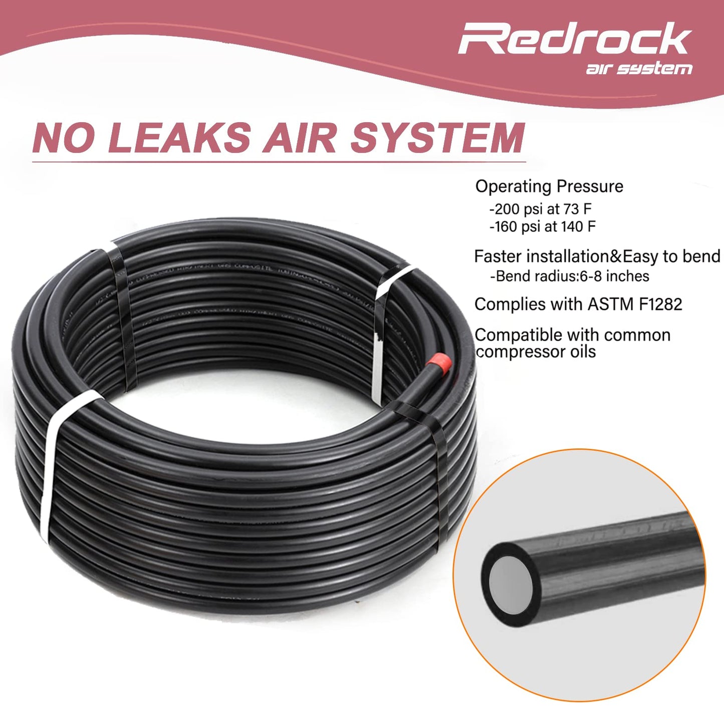 Redrock Performance Compressed Shop Air Line Kit 1/2" x 200ft, HDPE Aluminum Tubing Air Compressor Piping System for Garage Leak Proof & Easy to Install Black Air Hose 200PSI
