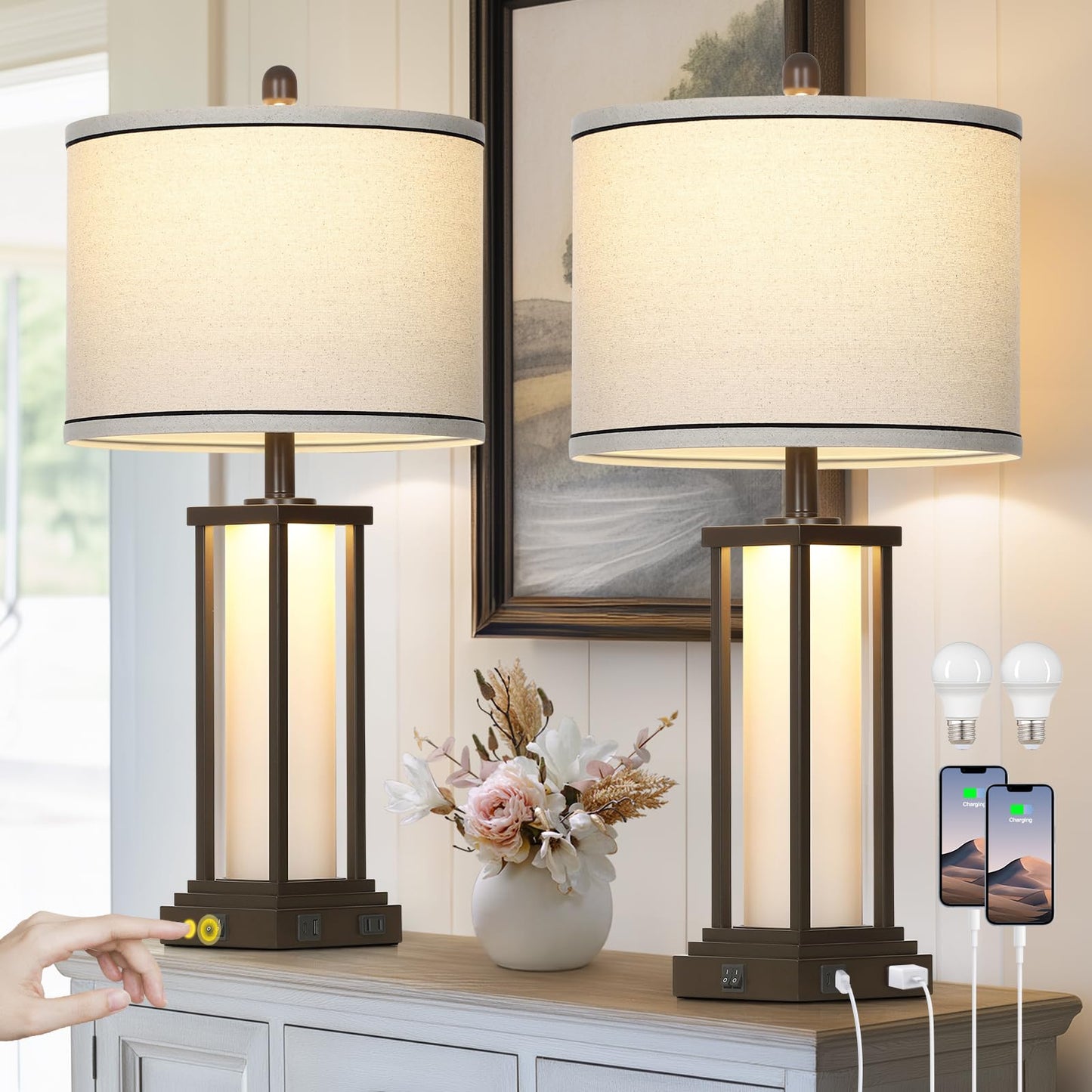 Cinkeda Vintage Table Lamps Set of 2, 27in Tall, Oil-Rubbed Bronze, USB & Outlet, Frosted Glass Night Light for Living Room and Bedroom