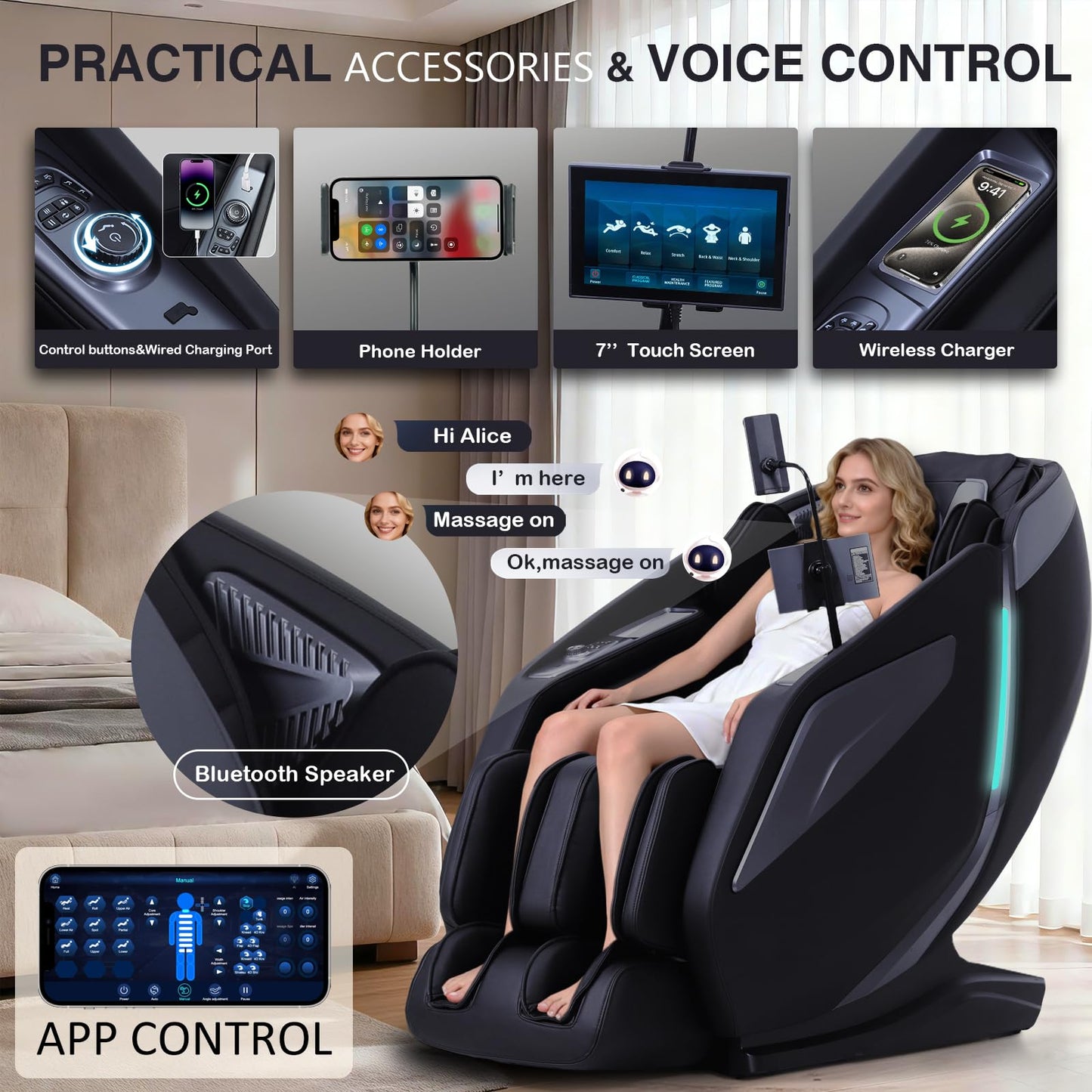 4D Massage Chair Full Body Zero Gravity Heated Recliner with Body Scan, 55" SL-Track & Stretch, 40 Airbags - Shiatsu, Knead, Foot Rollers, Voice & APP Control, 15 Auto Modes & 9 Techniques (Black)
