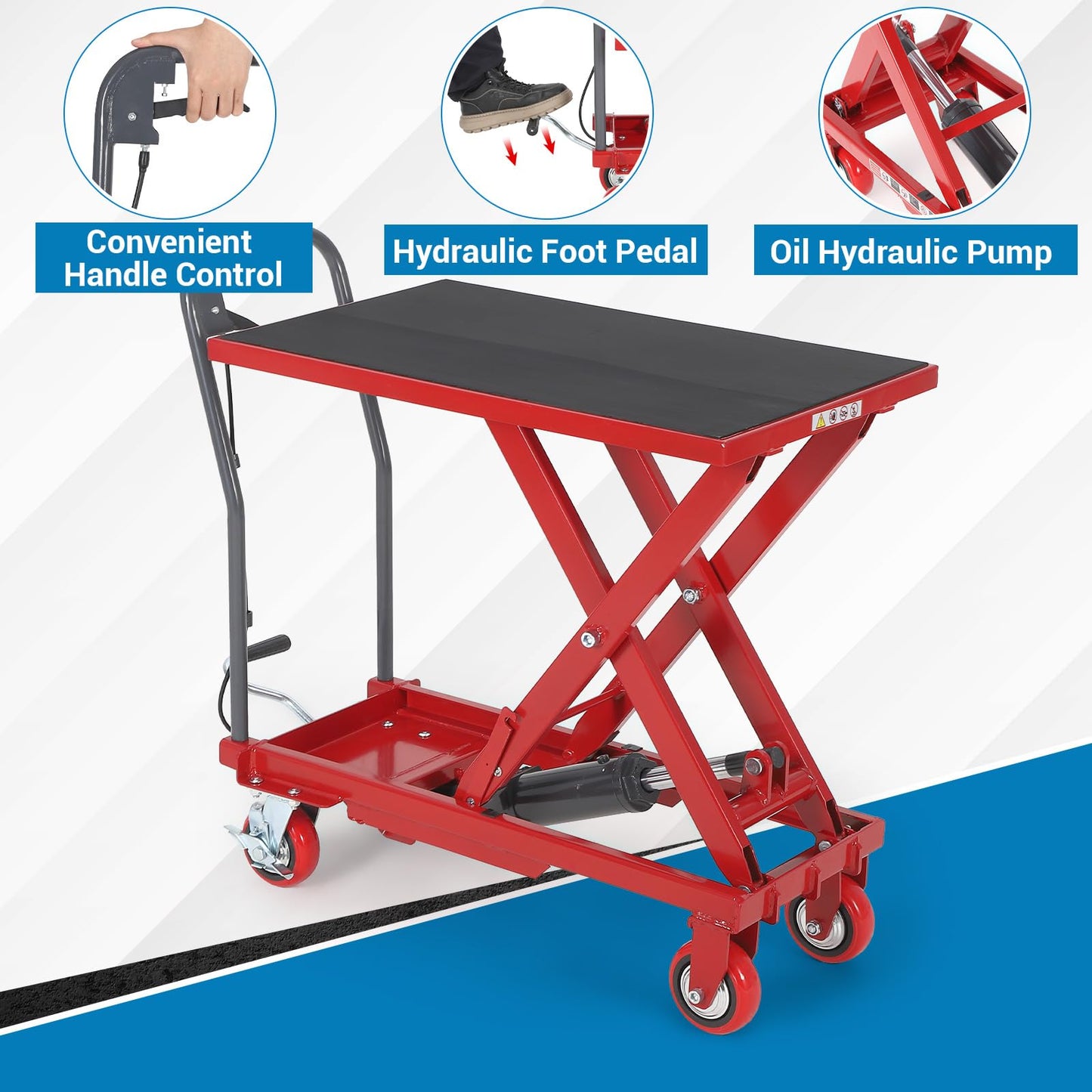 Hydraulic Lift Table Cart, 330lbs Capacity 28.5 in Lifting Height Hydraulic Table Cart, Single Scissor Lift Table with Non-Slip Pad for Material Handling and Transportation, Red