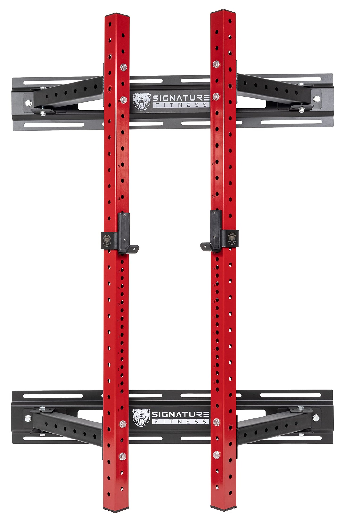 Signature Fitness Fitvids 3” x 3” Wall Mounted Fold-in Power Cage Squat Rack with Adjustable Pull Up Bar and J Hooks - Space-Saving Home Gym – Sports Training – Wall Mount Rack – Black
