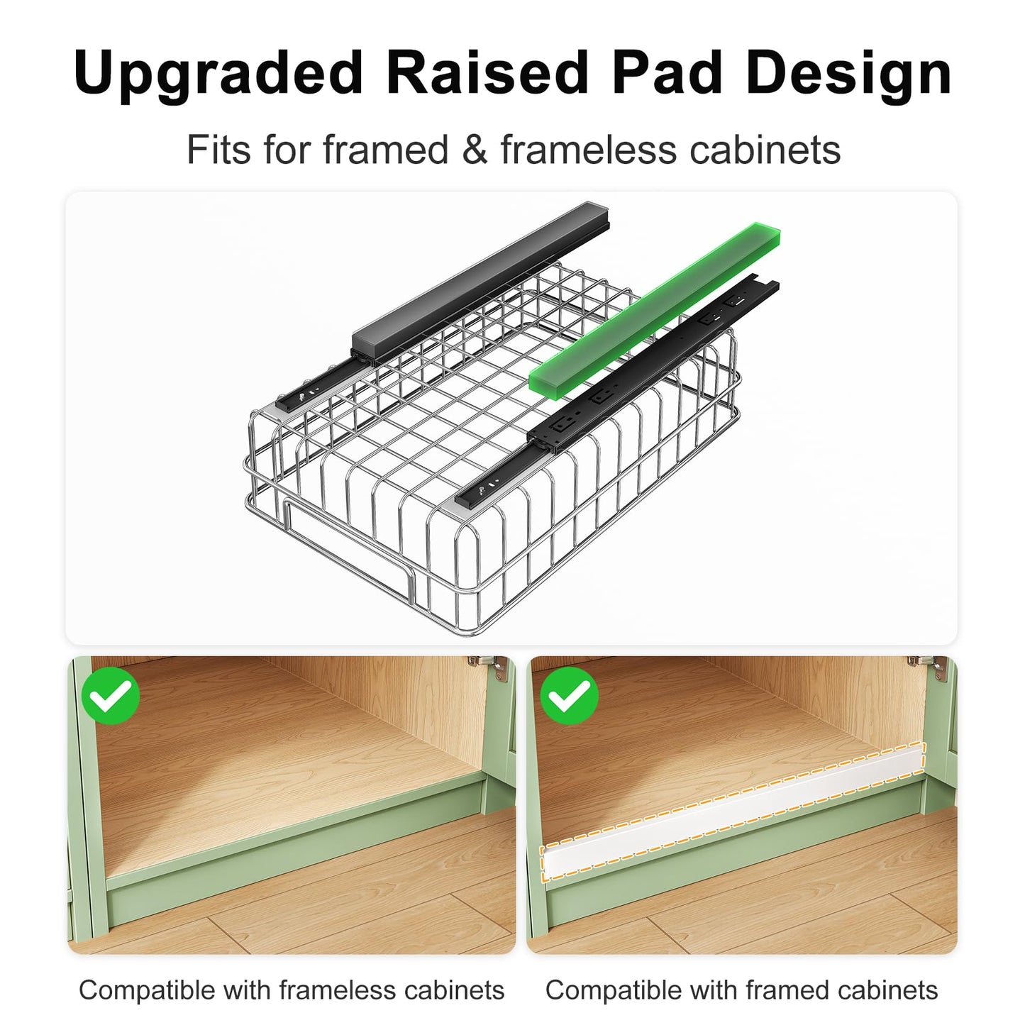 Pull out Cabinet Organizer, Stainless Steel 4-Pack Slide out Drawer with Silent Full-Extension Slides, Adhesive Roll out Can Spice Storage Basket Shelf Rack for Pantry, Kitchen, Bathroom, Home Closet