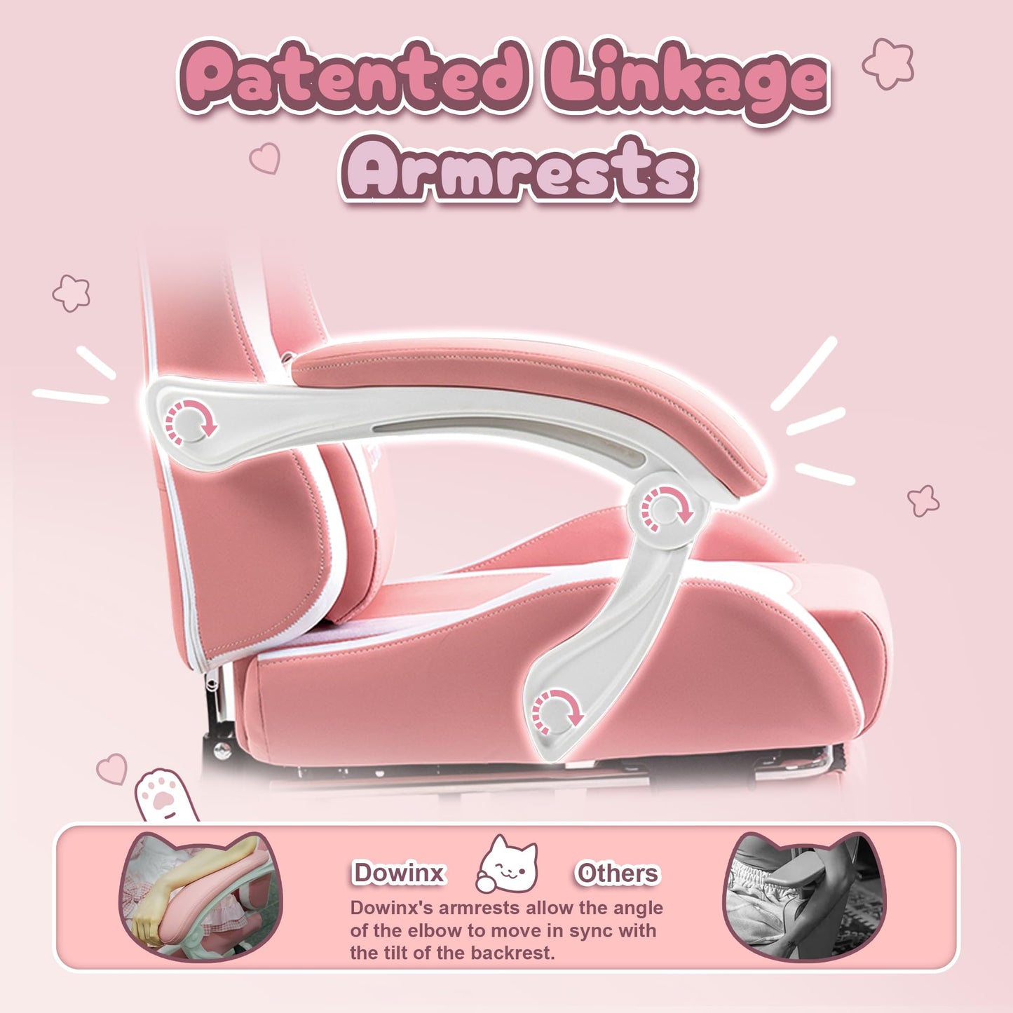 Dowinx Gaming Chair Cute with Cat Ears and Massage Lumbar Support, Ergonomic Computer Chair for Girl with Footrest and Headrest, Comfortable Reclining Game Chair 290lbs for Adult, Teen, Pink