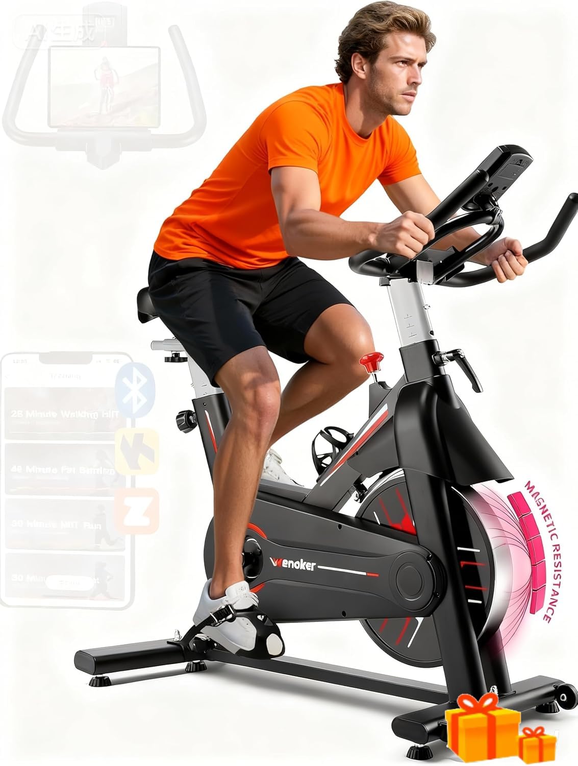 Exercise Bike, Wenoker Magnetic Resistance Stationary Bike for Home App Sync Indoor Bike with 350lbs Weight Capacity, Tablet Holder and Fitness Courses for Weight Loss[Black Red]