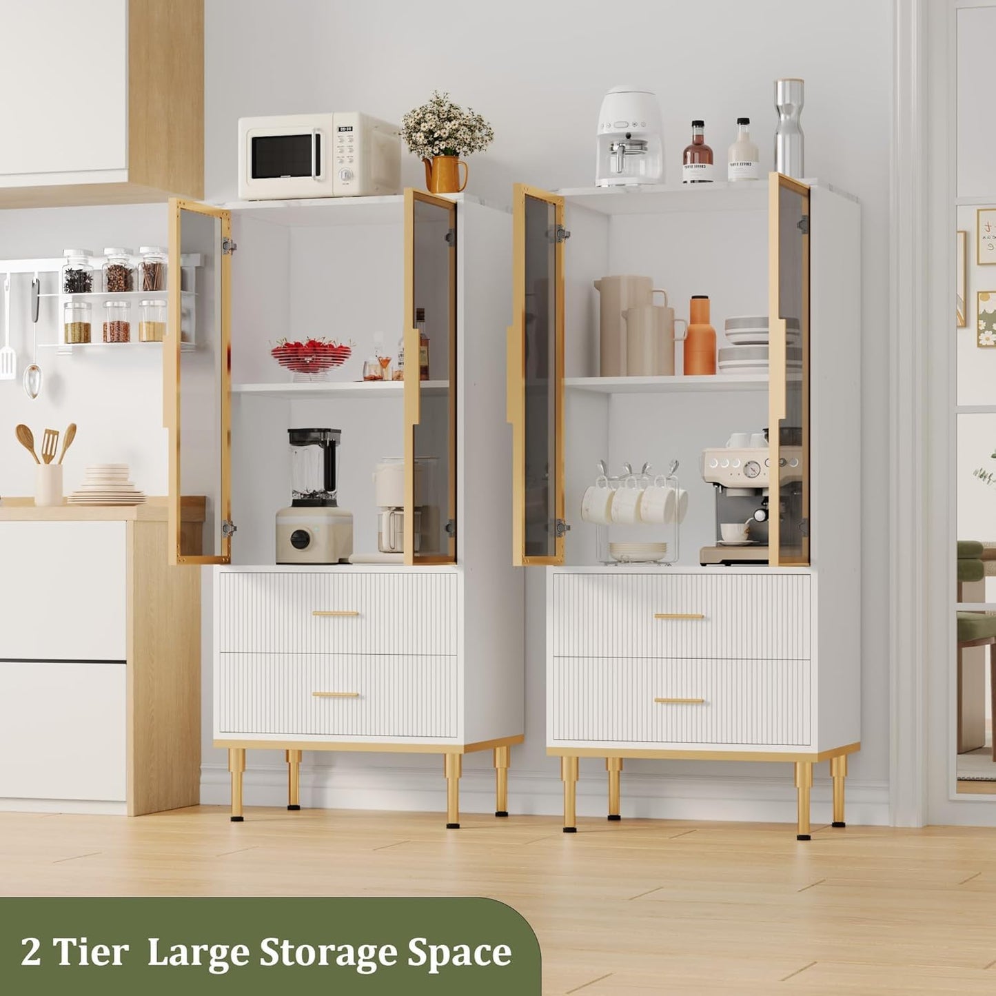 MERXENG Fluted Glass Door Storage Cabinet w/Adjustable Shelves & 2 Drawers | White Contemporary Display Unit for Kitchen Pantry or Living Room Storage