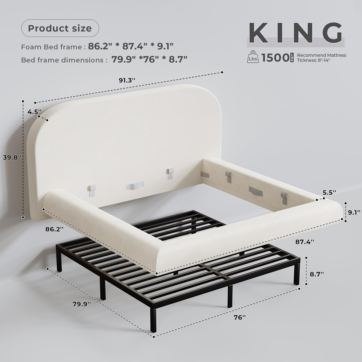 Hizyrina King Size Floating Cloud Bed Frame with 5" Thick Headboard & RGB LED Lights, Upholstered Platform Bed, Soft Rounded Corner, Metal Slat Support, Noise-Free, No Box Spring Needed, Beige