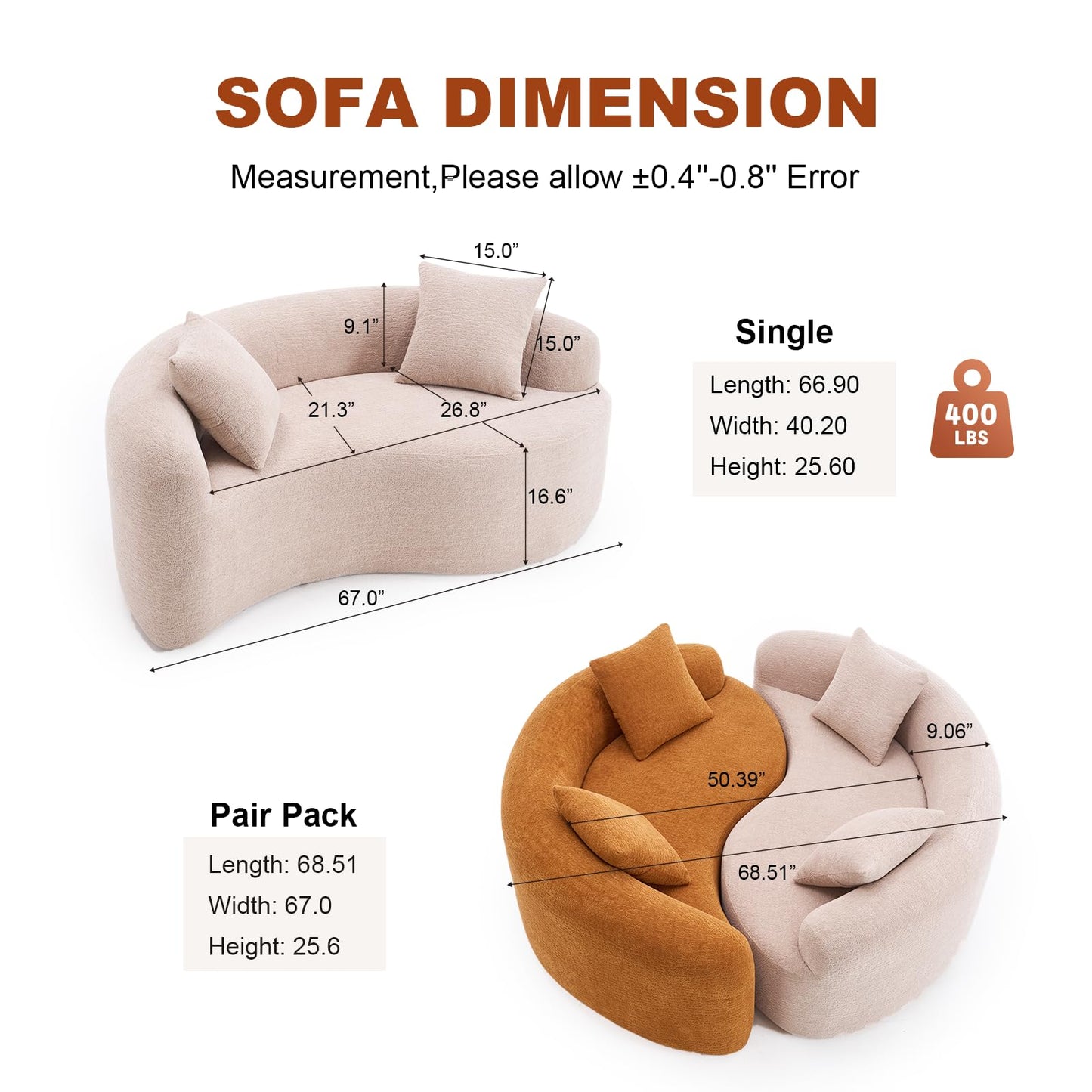 KEIKI S-Curved Loveseat Chenille Couches with 2 Pillows, Upholstered Luxury Plush Cloud Sectional Sofa for Living Room Apartment, Full Sponge Compression