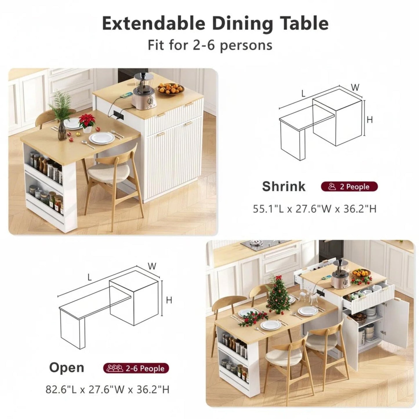 Trygoal 83" Extendable Kitchen Island with Drop Leaf Dining Table, White Rolling Storage Cart on Wheels with Power Outlet, Drawers & Cabinets, Anti-Wobble Central Caster, White