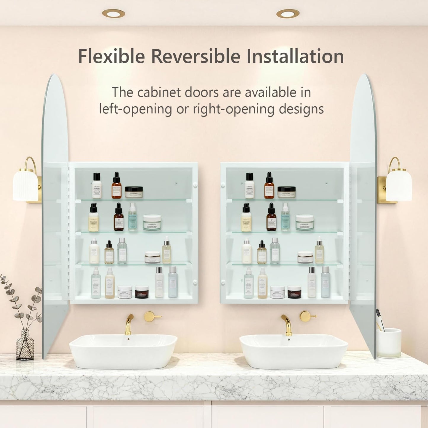 HESONTH Arched Medicine Cabinet with Mirror, 20x30 Inch, Wall Cabinet with Frameless Mirror, Recessed Or Surface Mount for Bathroom Bedroom with Storage, Bathroom Medicine Cabinet