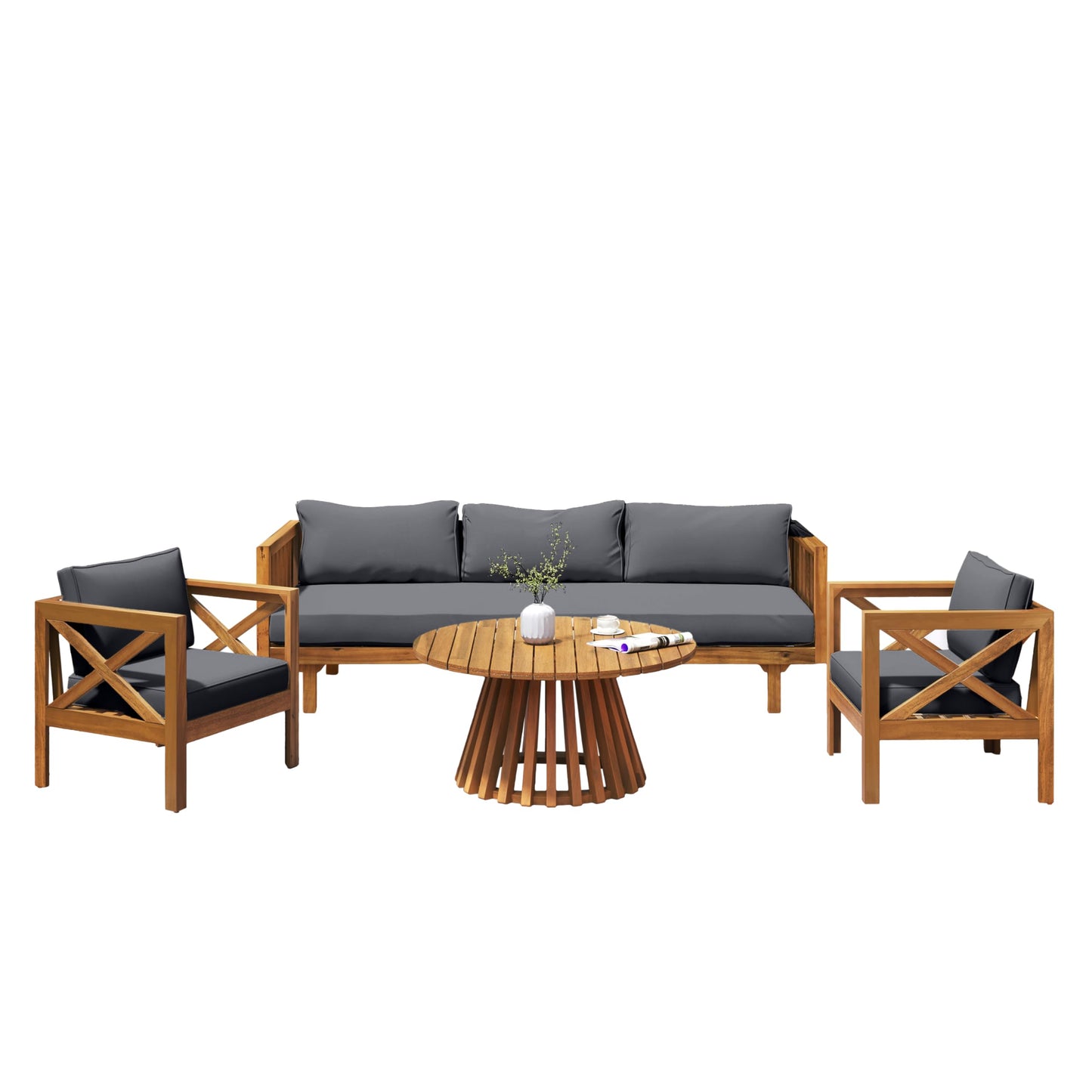 Merax Outdoor 4-Piece Acacia Wood Conversation Set - Patio 3-Seat Loveseat Sofa Daybed with Cushion, 2 Armchair and Round Coffee Table for Backyard, Lawn, Balcony, Teak + Gray