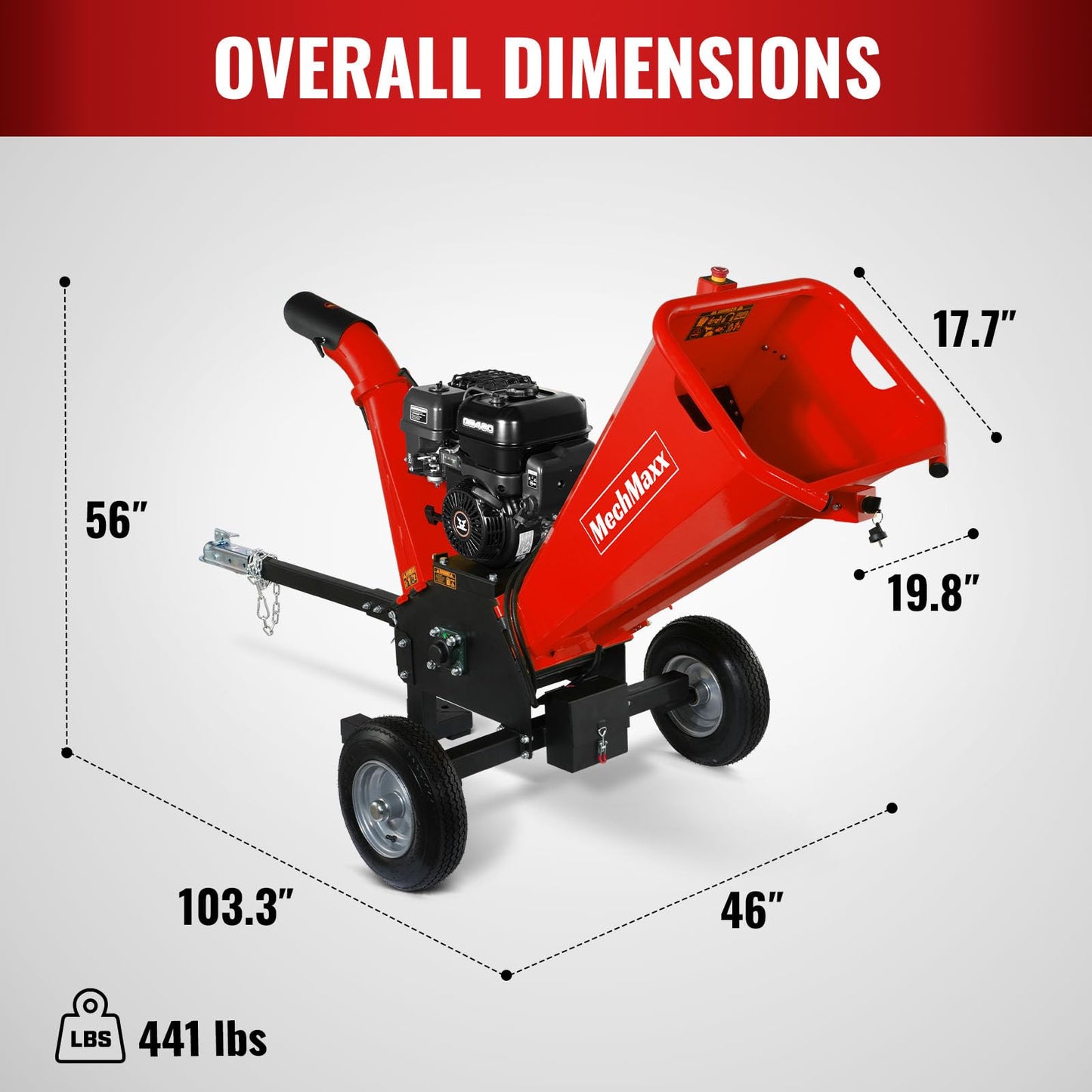 MechMaxx 5'' inch ZONSEN 459cc 15hp E-Start Gas Powered Wood Chipper Shredder Mulcher with Towbar/Emergency Stop Button, Model GS1500 Red
