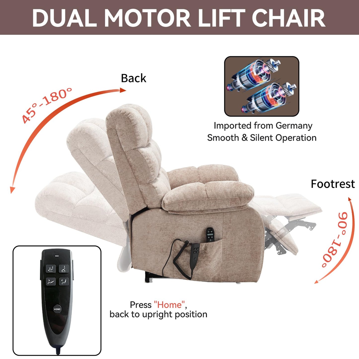RHHVVR Oversized Power Lift Recliner Chair for Elderly, Dual Motor Lay Flat Recliner Big Chair with Massage and Heating, Chenille Electric Recliner Chairs for Living Room, Medium-Firm, Beige