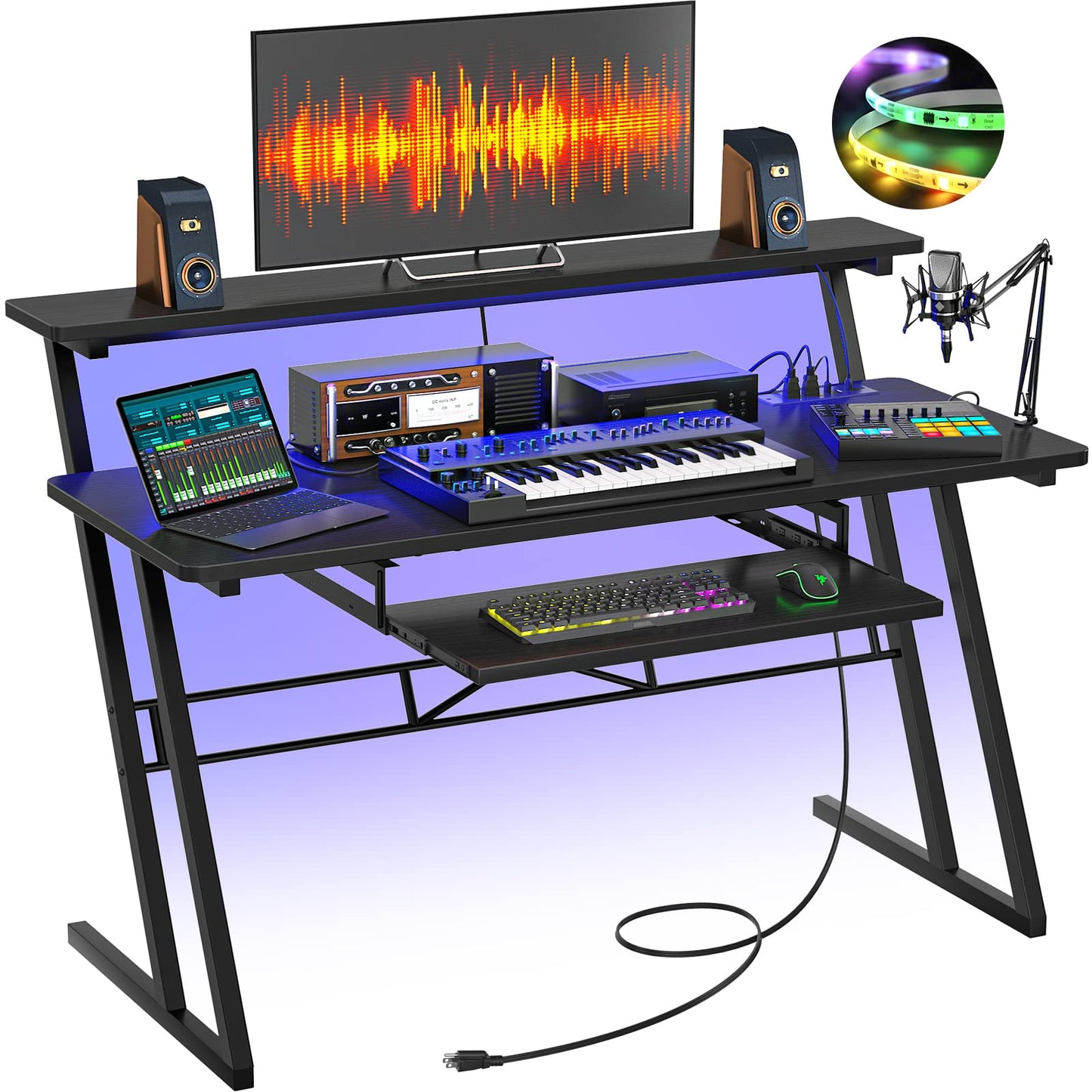 Armocity Music Studio Desk, Music Production Workstation with Power Outlets and RGB LED Lights, Recording Studio Table Desks Music Producer for Home, Black
