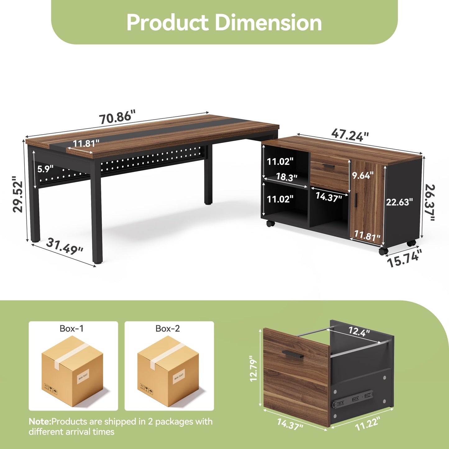 LITTLE TREE 70.8" Executive Desk with Lateral File Cabinet, Modern Thickened Wooden Workstation L-Shaped Computer Desk Large Home Office Writing Desk for Home Office