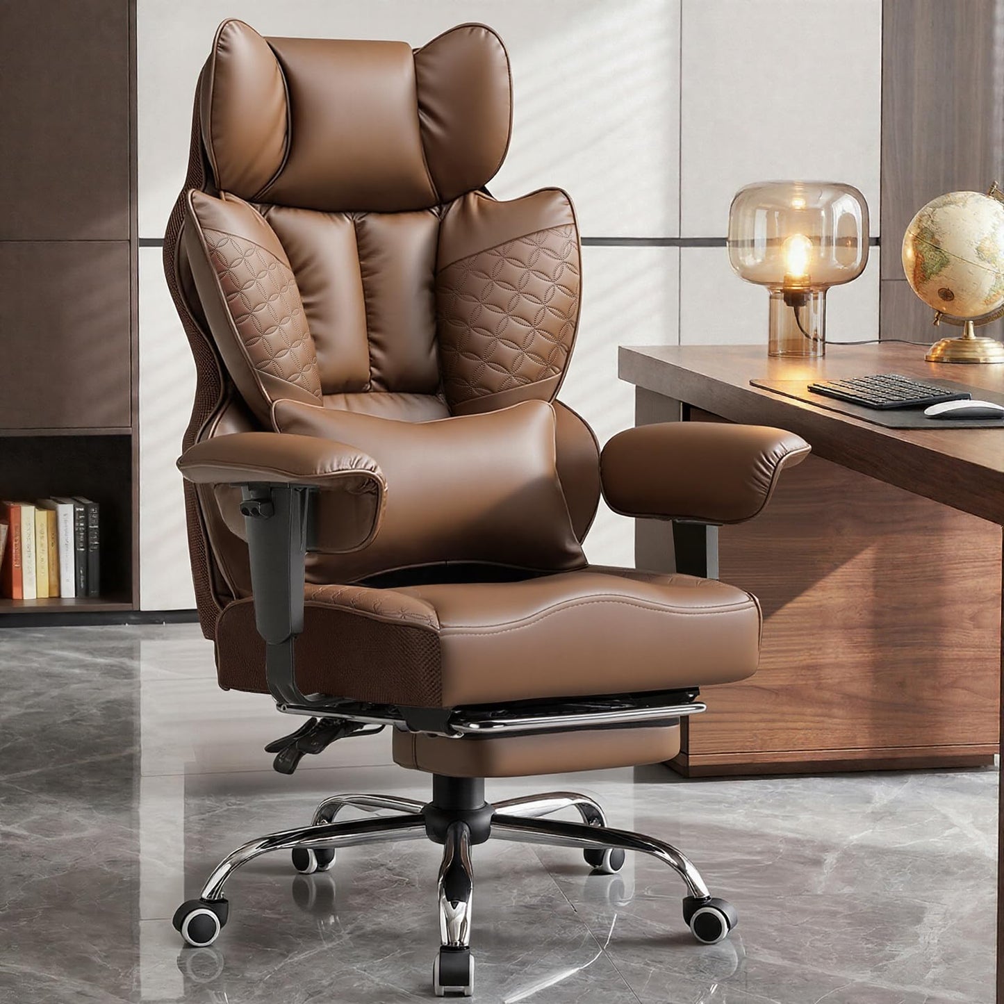 GTPOFFICE Big and Tall Office Chair 400LBS Wide Seat Computer Gaming Chair with Footrest & Comfy Lumbar Support, Leather High Back Executive Chair with Ergonomic Pressure Relief Seat Cushion, Brown