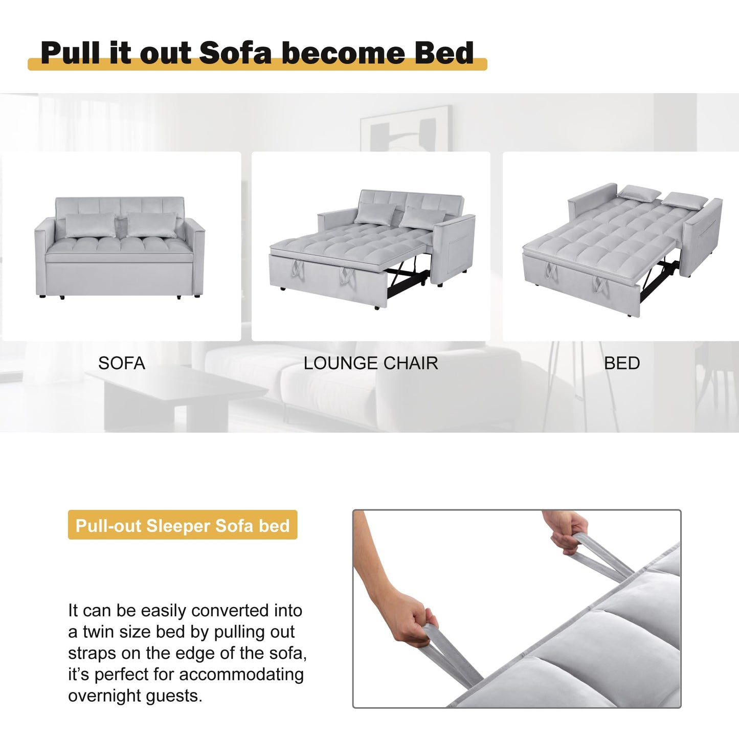 Trygoal 3 in 1 Convertible Sleeper Sofa Bed, Velvet Fabric Loveseat Sofa Bed with Adjustable Backrest & Large Side Pockets, Pull Out Couch for Small Spaces, Apartment, Living Room, Gray