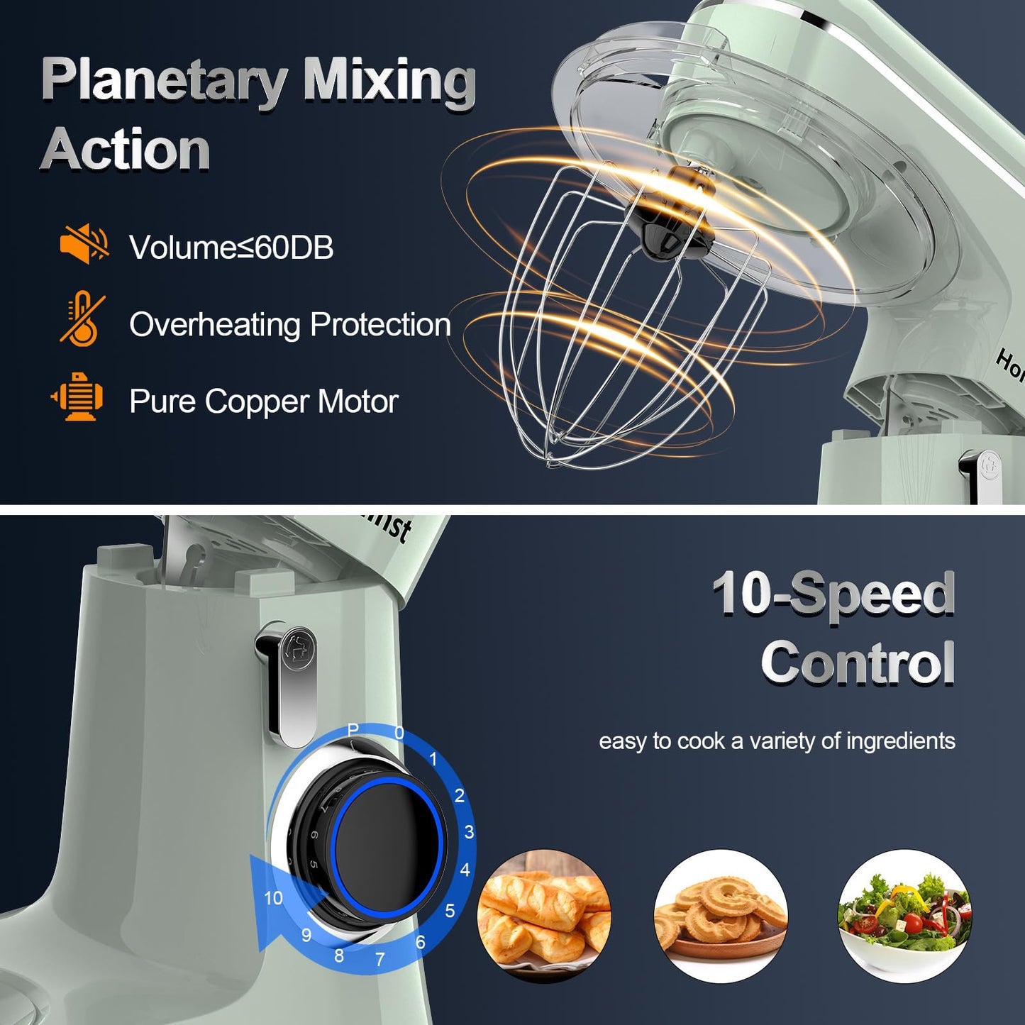 Honinst Stand Mixer, 6.5QT 10-Speed Tilt-Head Electric Stand Mixer, 3-In-1 Kitchen Mixer with Bowl, Dough Hook, Whisk and Beater, Food Mixer for Baking, Cake and Most Home Cooks, Green