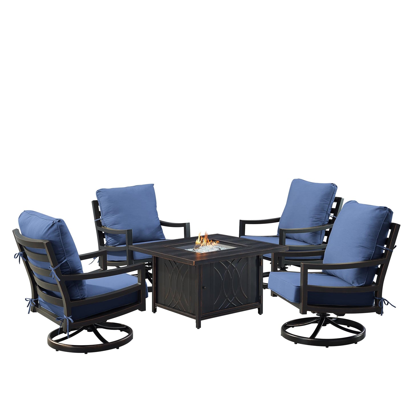 Oakland Living Black Aluminum Patio Fire Table Set with Four Club Chairs with Blue Cushions