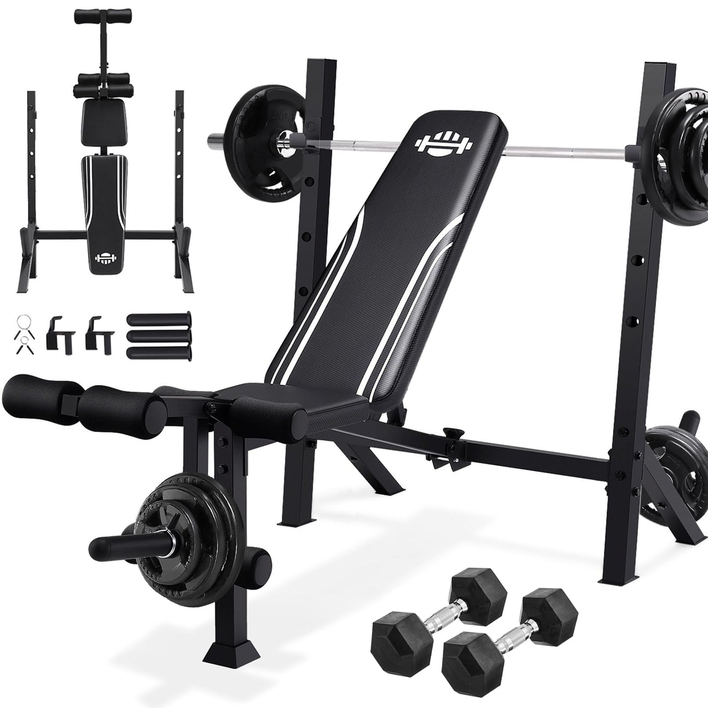 ANCHEER 900LBS Weight Bench Set with Barbell Rack, Heavy Duty Bench Press Set with Leg Extension and Leg Curl, Foldable Workout Benches for Home Gym with J Hooks & Olympic Sleeves (US Stock)