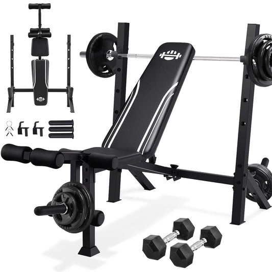 ANCHEER 900LBS Weight Bench Set with Barbell Rack, Heavy Duty Bench Press Set with Leg Extension and Leg Curl, Foldable Workout Benches for Home Gym with J Hooks & Olympic Sleeves (US Stock)