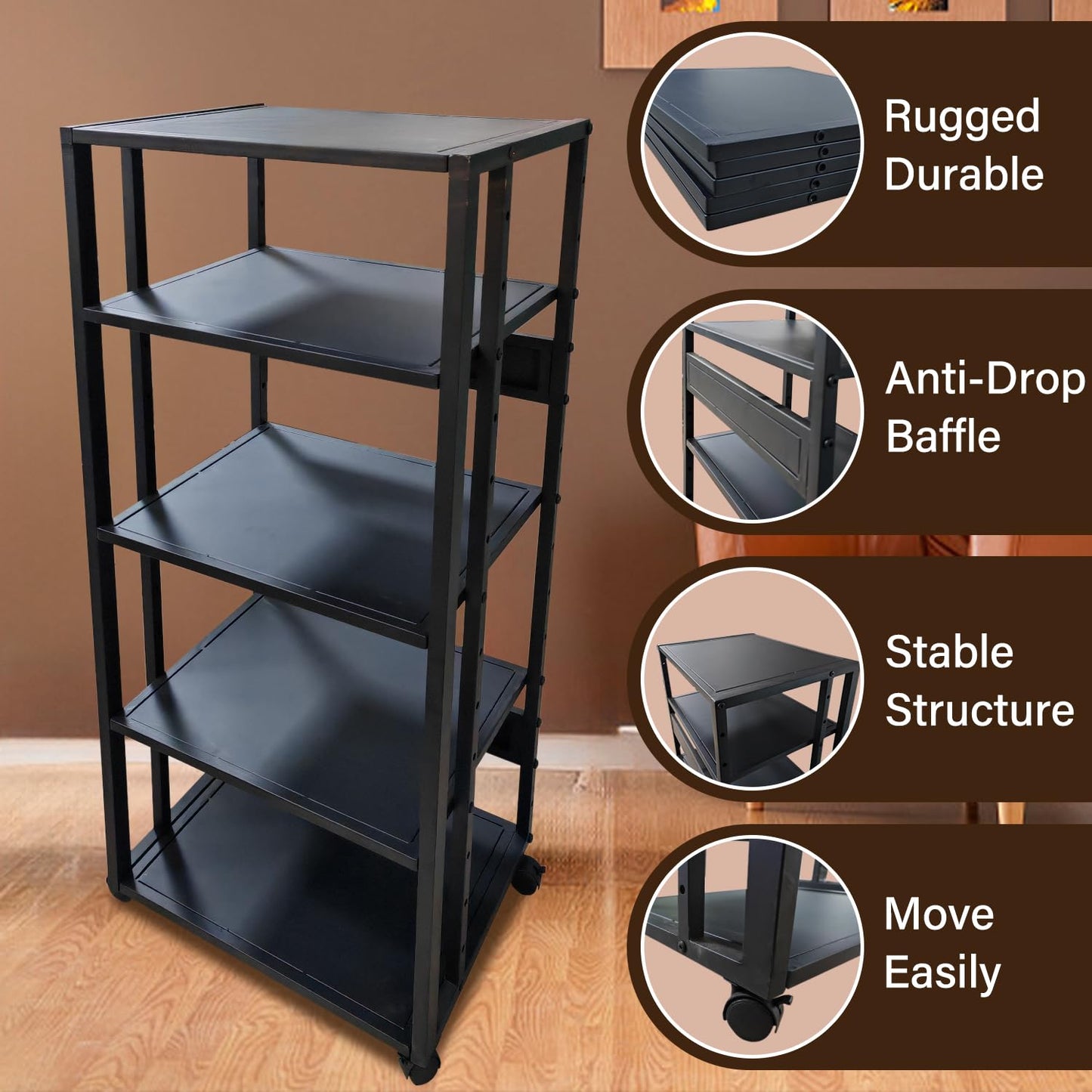 jvsufuik 5-Tier AV Media Stand with Wheels, Media Console Cabinet With Adjustable Shelves, Metal Audio Rack, Mobile Game Console Stand, Stereo Audio Cabinet For Record Player, Dvd, TV Box