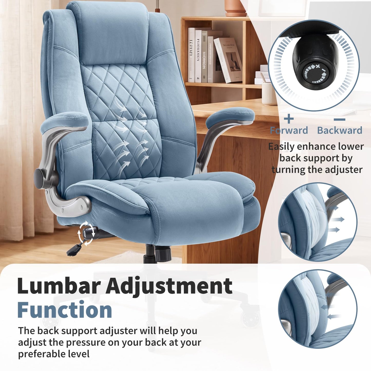 Fabric High Back Office Chair with Lockable Quiet Casters, Thick Padded Ergonomic Computer Chair- Adjustable Lumbar Support & Flip-Up Arms, Wide Executive Desk Chair for Back Pain, 400LBS Capacity
