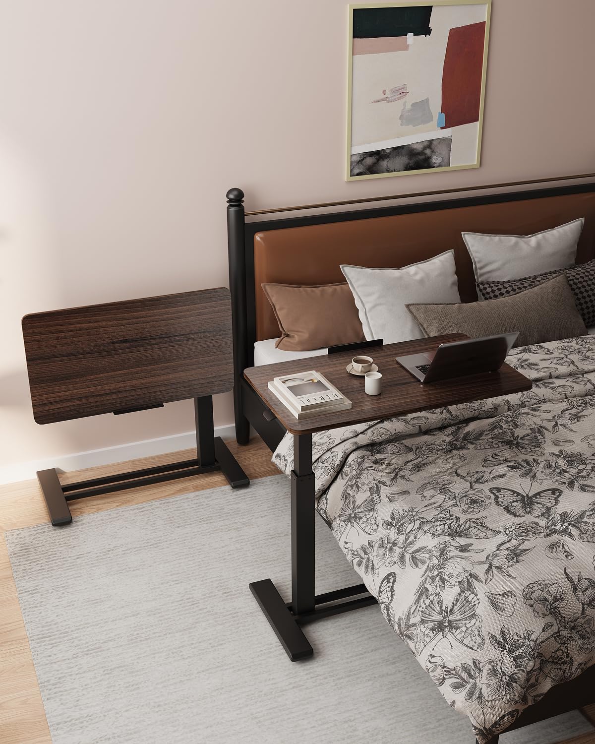 FLEXISPOT H7 PRO Mobile Standing Desk Adjustable Overbed Table Pneumatic with Wheels 90°Tiltable Portable Laptop Desk Rolling Computer Cart Foldable Bedside Table(31.5" W x 17.7" D, Rustic Brown)