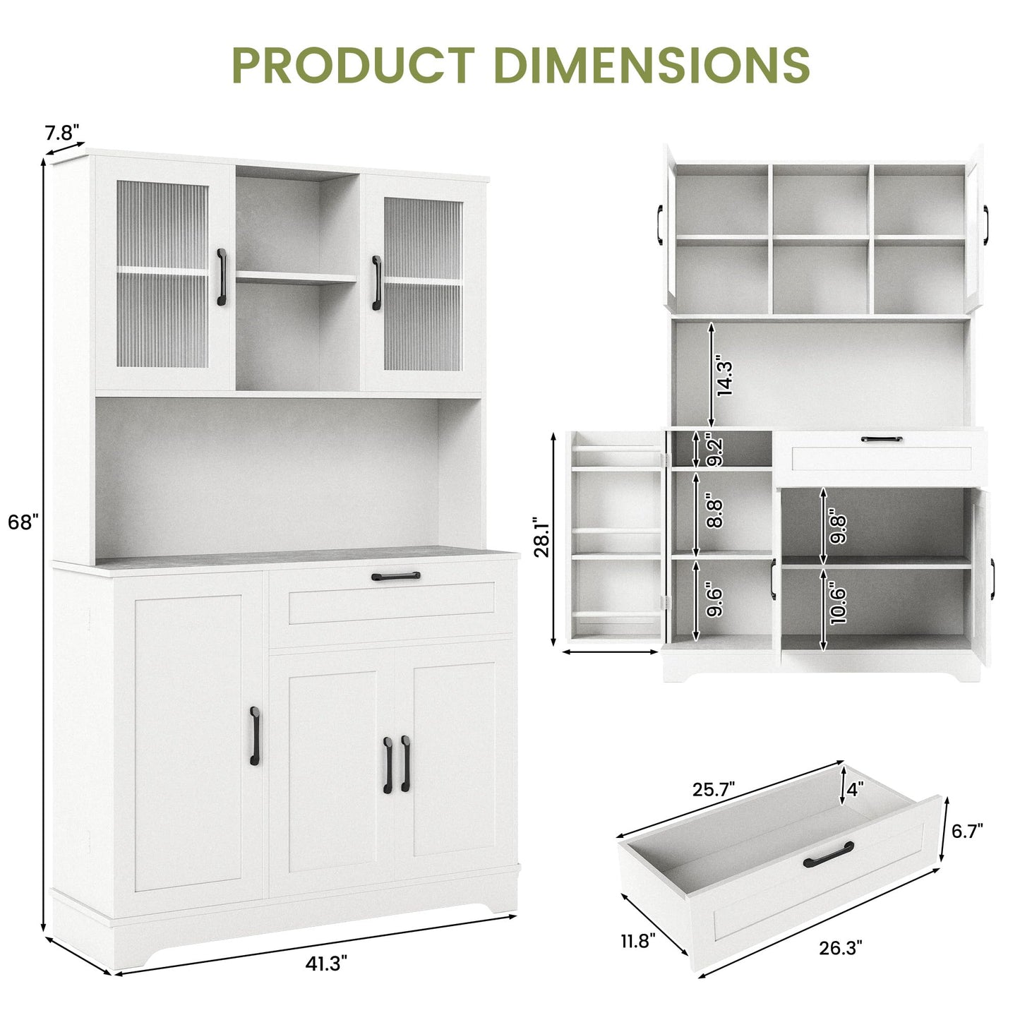WAYTRIM Kitchen Hutch Cabinet with Storage, White Pantry Cabinet with 4 Doors and Shelves, Pantry Cabinet with Microwave Shelf & Drawers & Adjustable Shelves for Kitchen Dining Room Furniture
