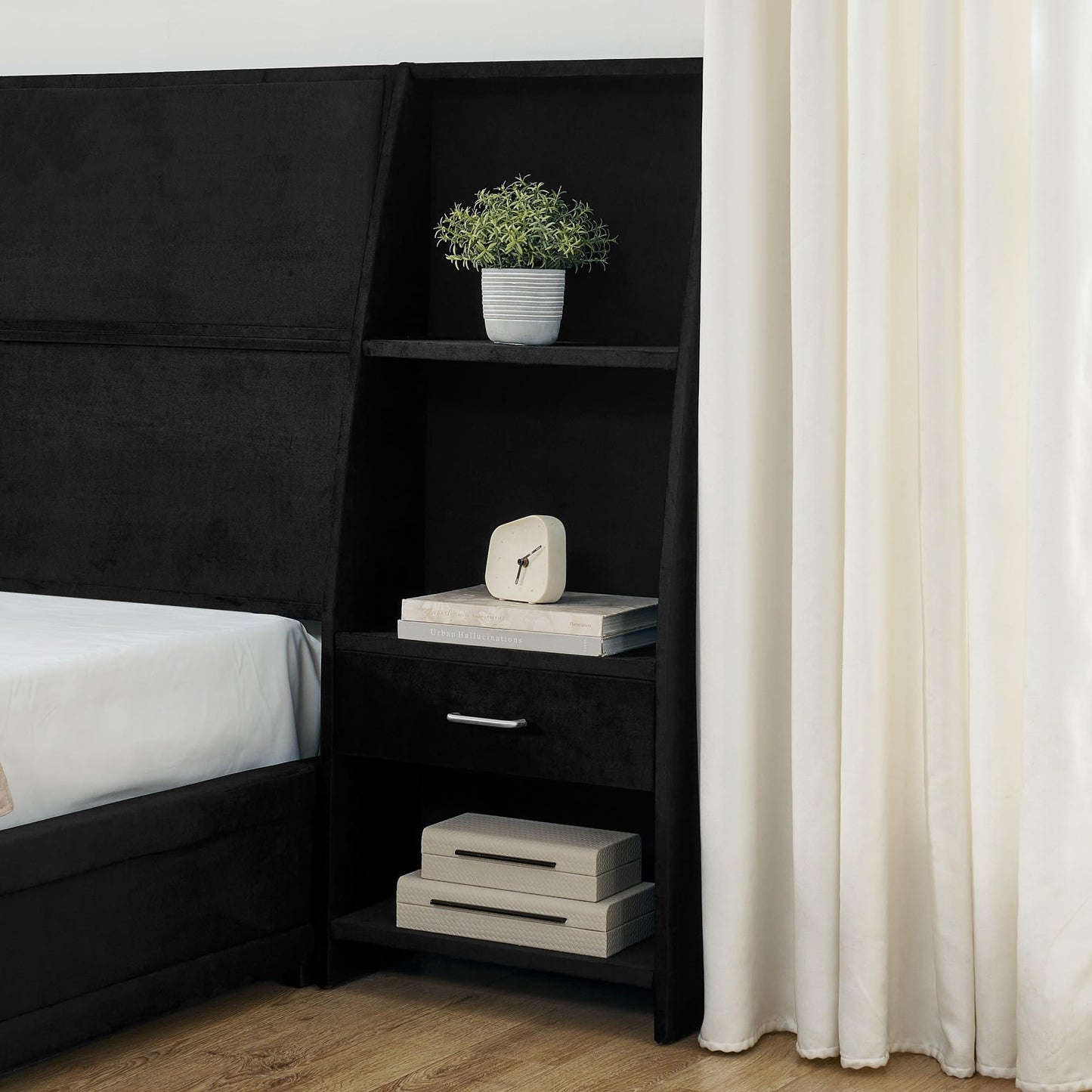 KEIKI King Size Velvet Platform Bed Frame with 2 Built-in Storage Nightstands & Shelves, Oversized Headboard Upholstered Bedroom Bed Set, Wood Floor Grounded Bed, Modern, No Box Spring Needed, Black
