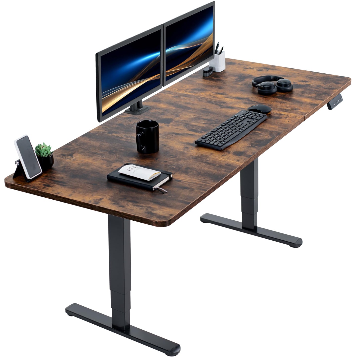VIVO Electric 71 x 30 in Dual Motor Rustic Sit Stand Desk, Memory Height Adjustment, 2B Series, Vintage Brown Top Black Frame, DESK-KIT-2B7N