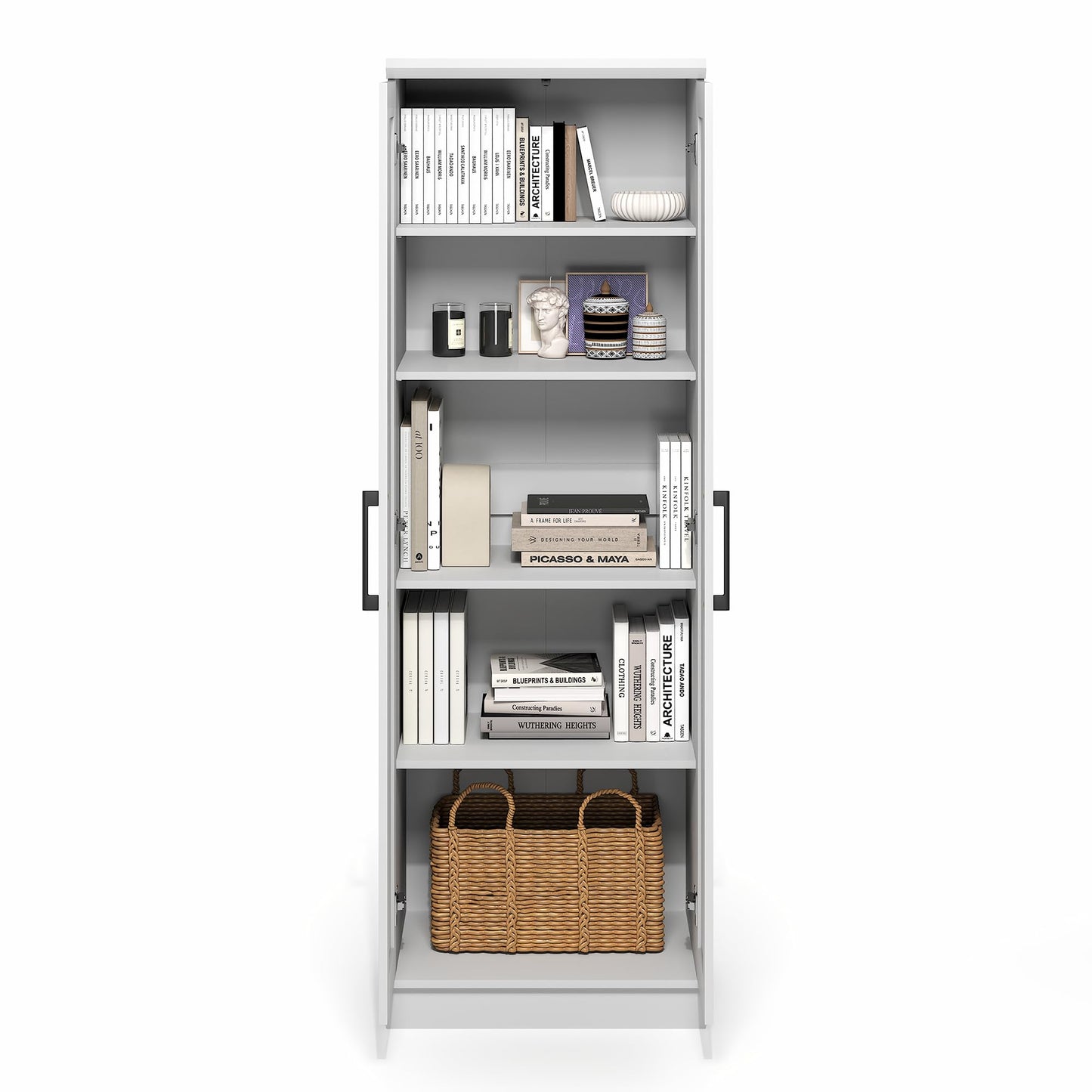 Furinno Robin Storage Cabinet, 5-Tier Pantry Cabinet with Adjustable Shelves, 23W with 2 Shaker-Doors, Kitchen Cabinet, Organization and Storage, for Pantry, Living Room, Home Office, White