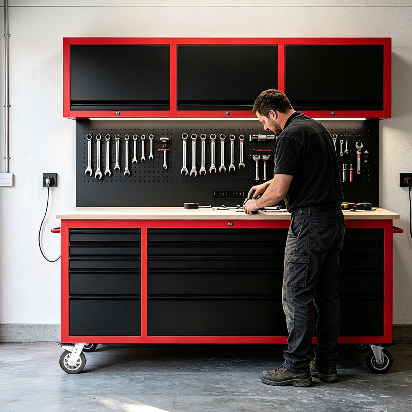 LARBANKE 72" Rolling Tool Chest with 15 Drawers - Heavy Duty Garage Workbench with Power Strip & Pegboard - 18" Deep 1.2" Thick Solid Wood Top, Lockable Tool Storage Cabinet for Professional Mechanic