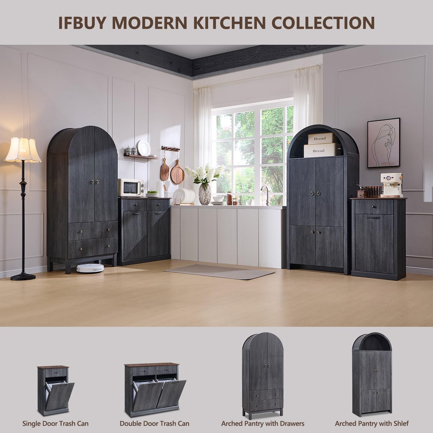IFBUY 71" Tall Arched Bathroom Storage Cabinet, Modern Fluted Storage Cabinet w/Doors, 3 Adjustable Shelves, 6 Door Shelves, Wood Freestanding Cabinet for Bathroom, Entryway, Hallway, Dark Grey