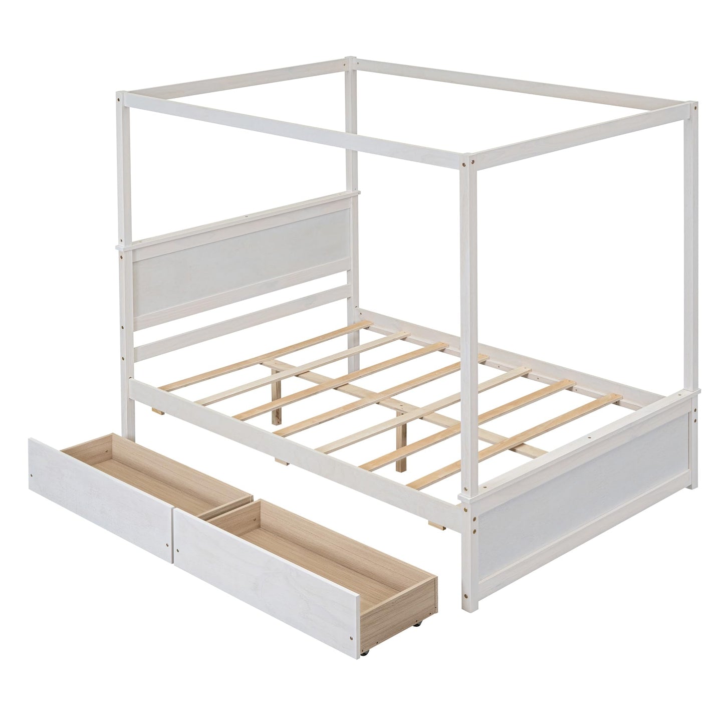 GDFStudio Full Size Canopy Bed Frame with 2 Storage Drawers, Solid Pine Wood Platform Bed Frame Full Size with Headboard Slat Support, Canopy Full Size Bed Frame, No Box Spring Needed, Brushed White