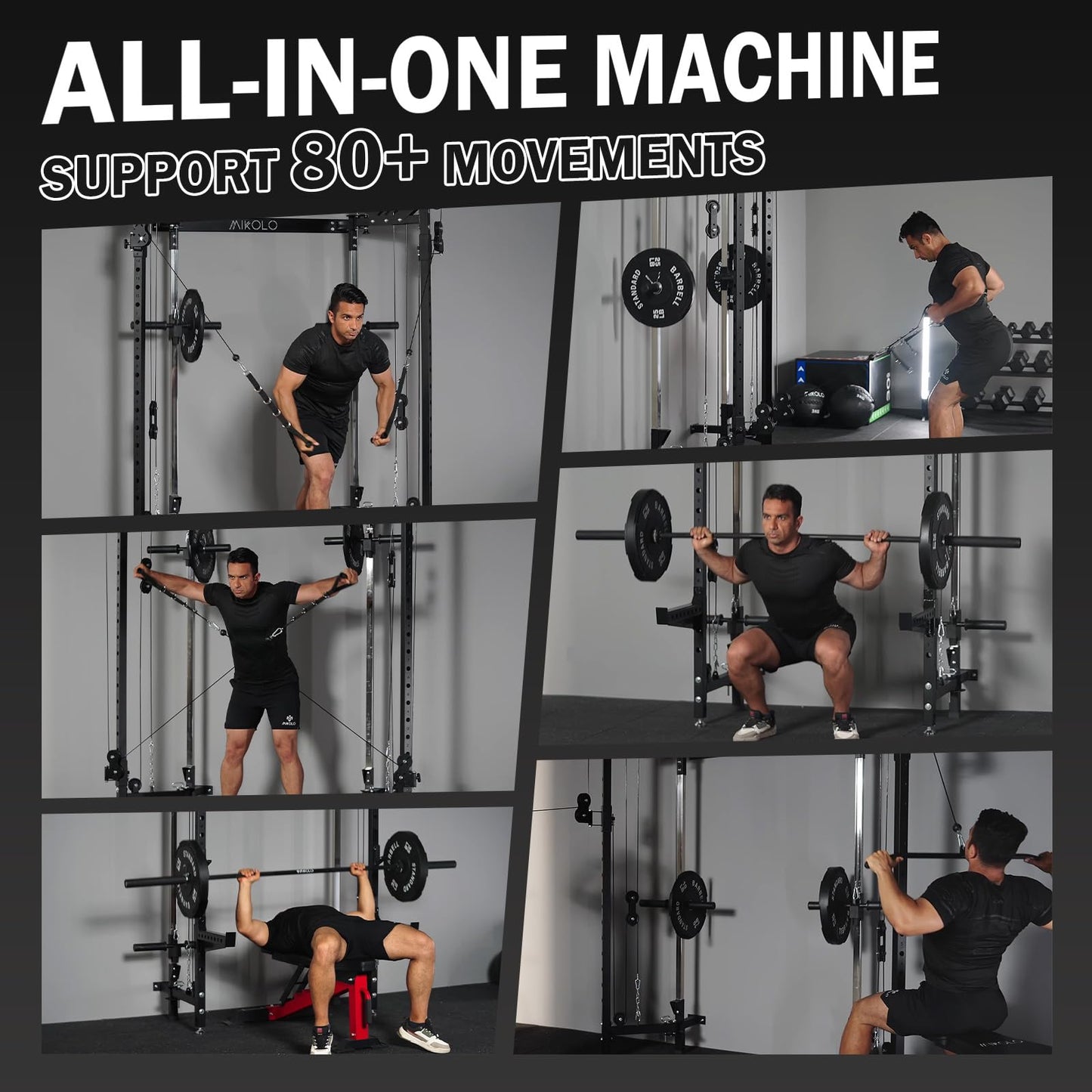 Mikolo Folding Squat Rack, Wall Mounted Power Rack with Cable Crossover Machine & LAT Pull Down, Functional Trainer with 5 Adjustable Function Modes, for Home Gym and Space Saving(Black)