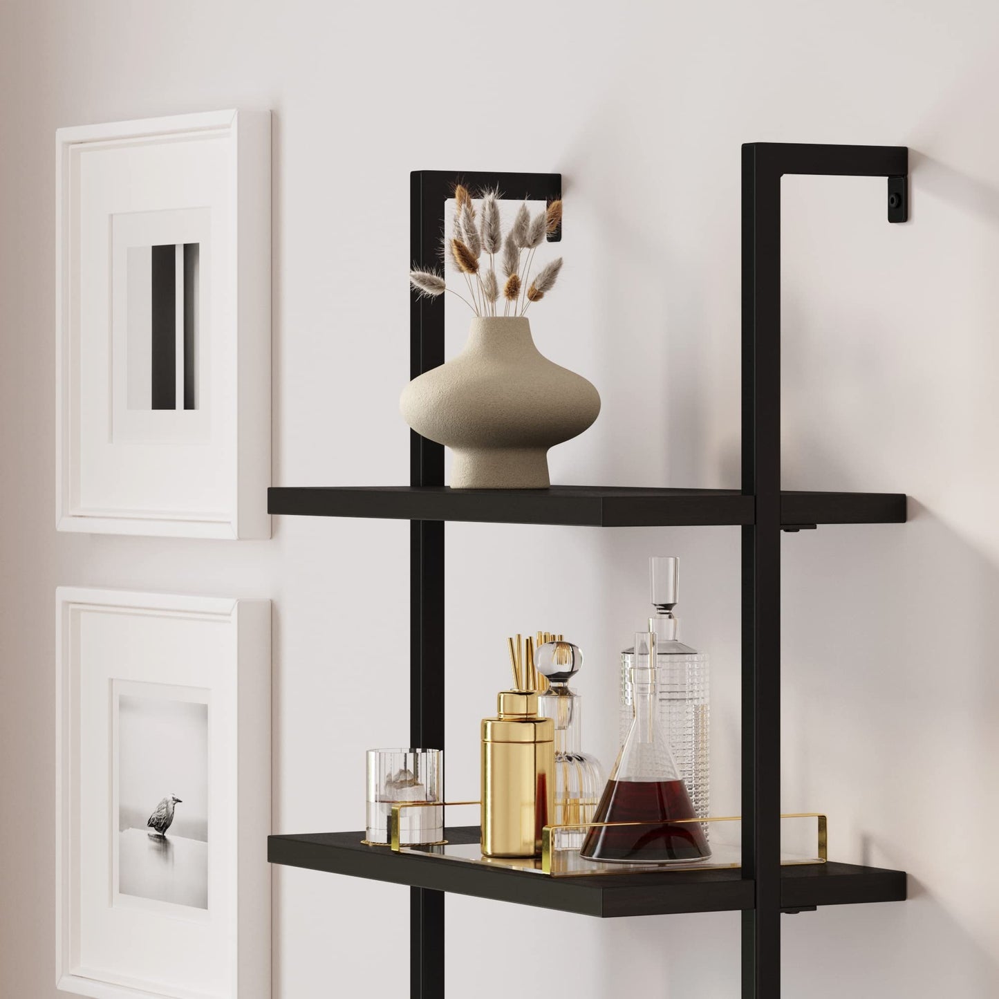 Nathan James Theo Modern Bookcase with Rattan Cabinet in Matte Black and Light Oak Finish with Matte Black Metal Frame for Living Room, Home Office Storage