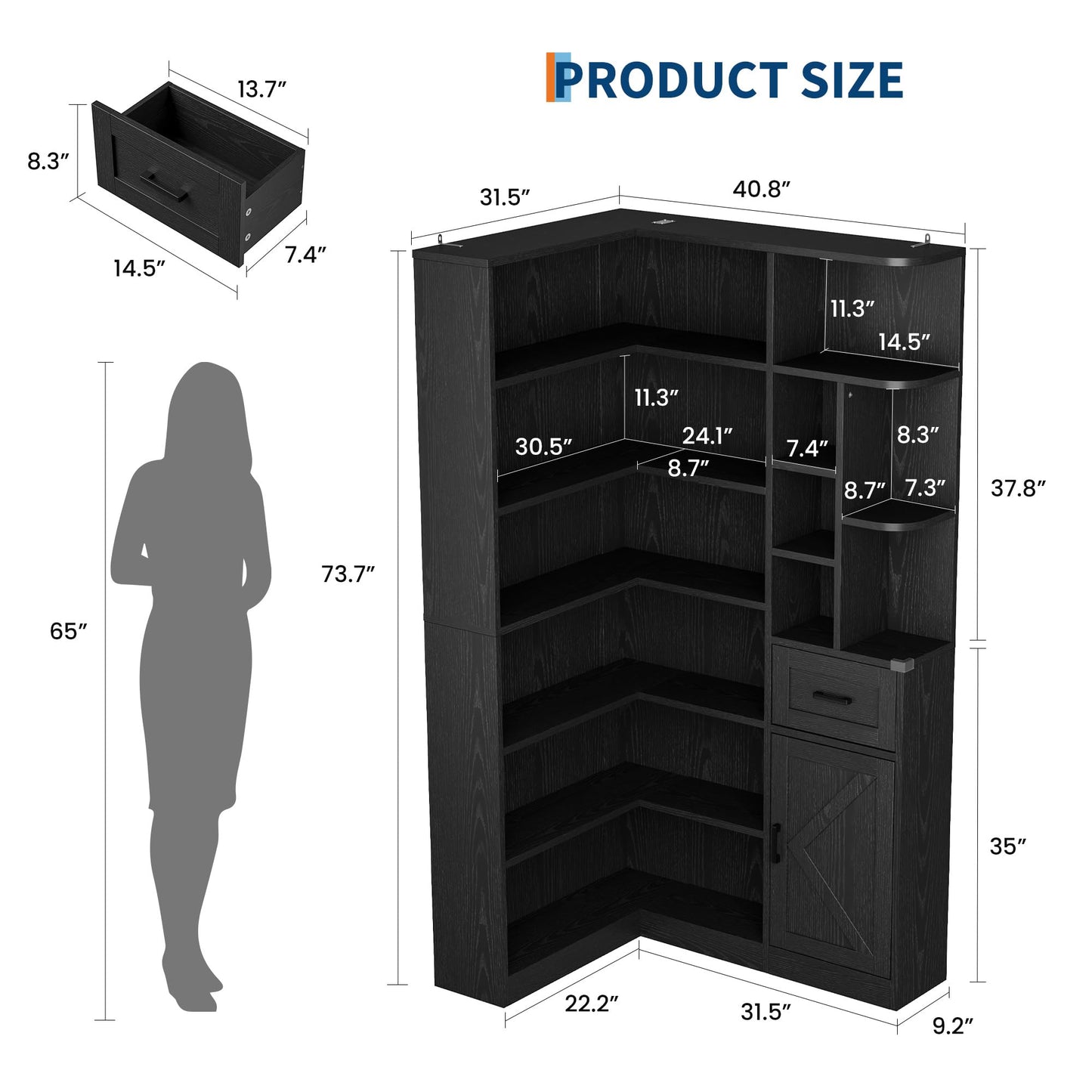 Garvee 74'' Tall Corner Bookshelf - 6-Tier Book Shelf with Drawer and Cabinets, l-Shaped Bookcase Open Storage Shelves Modern Display Shelf for Home, Office