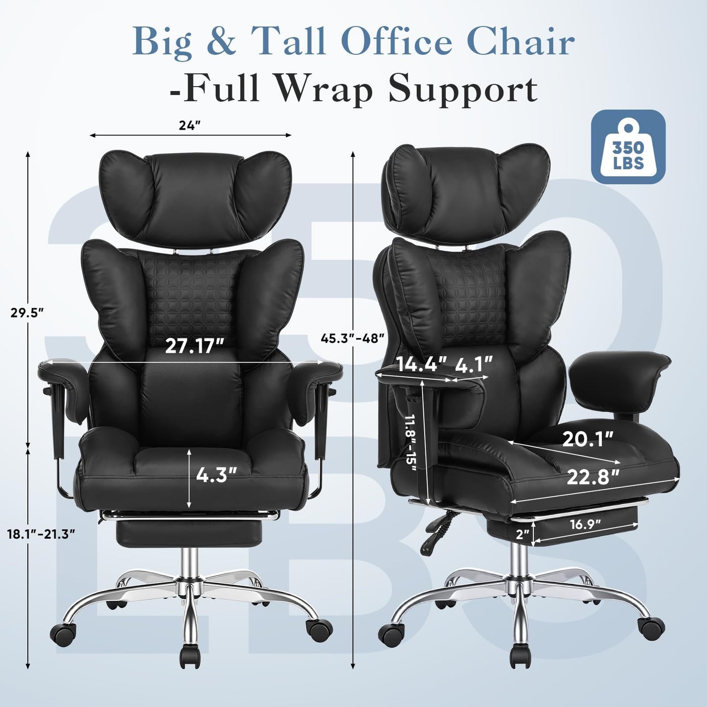 Big and Tall Office Chair 350 LBS, Scratch-Resistant PU Leather Executive Office Desk Chair with Footrest, Ergonomic Reclining Computer Chair with Pocket Spring Support for Home Office, Black