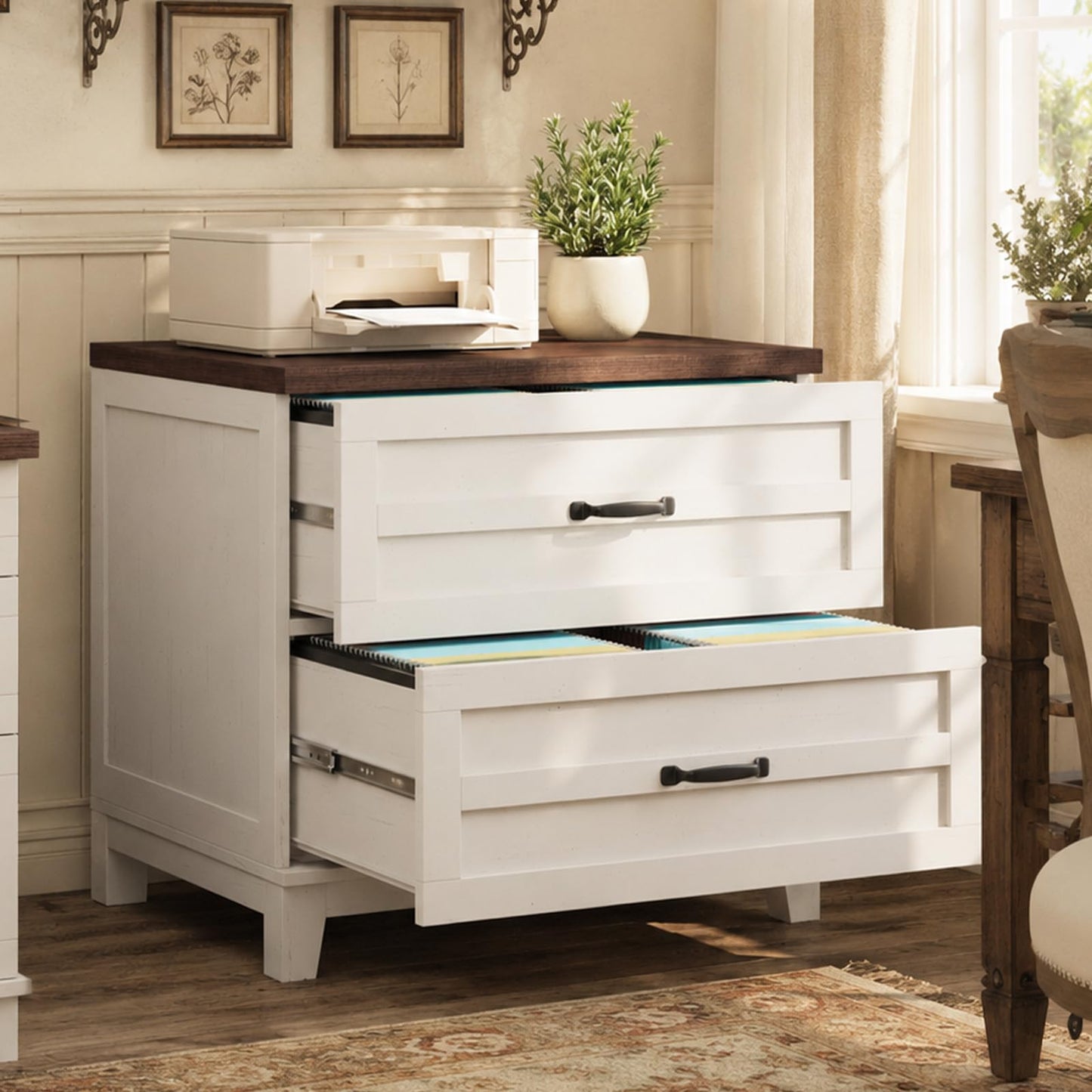IDEALHOUSE Farmhouse Lateral File Cabinet with 2 Full Extened Drawers, Filing Storage Cabinet for Legal, Letter & A4 Files, Office Organizer w/Thick Desktop, for Home Office, Rustic Brown White
